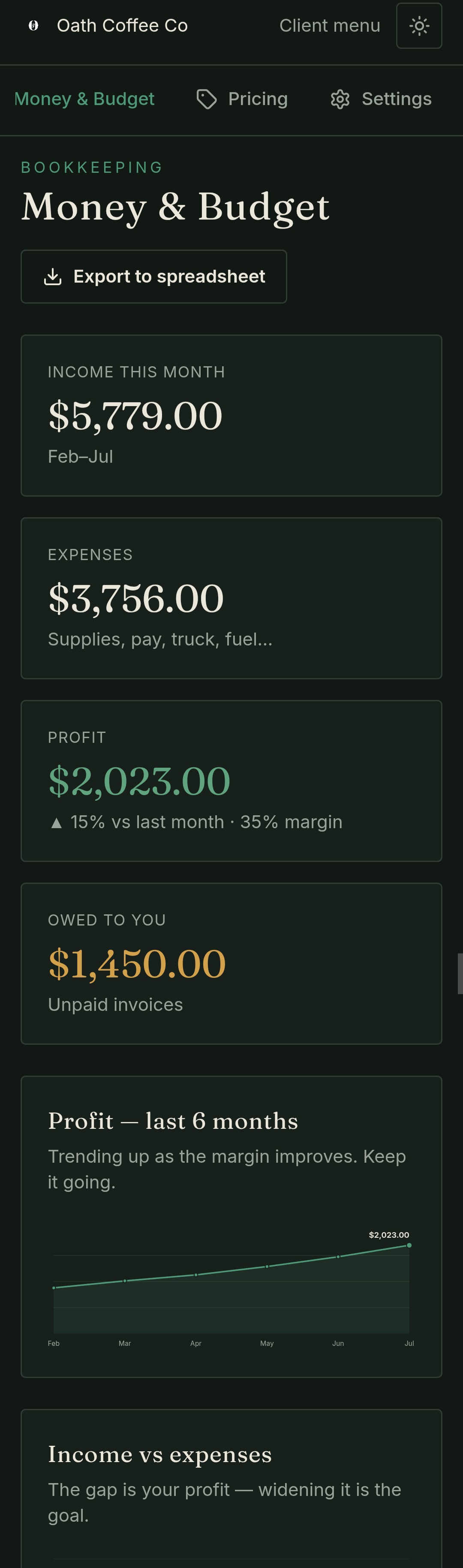 JAVA money and budget dashboard with income, expenses, profit, and unpaid invoices