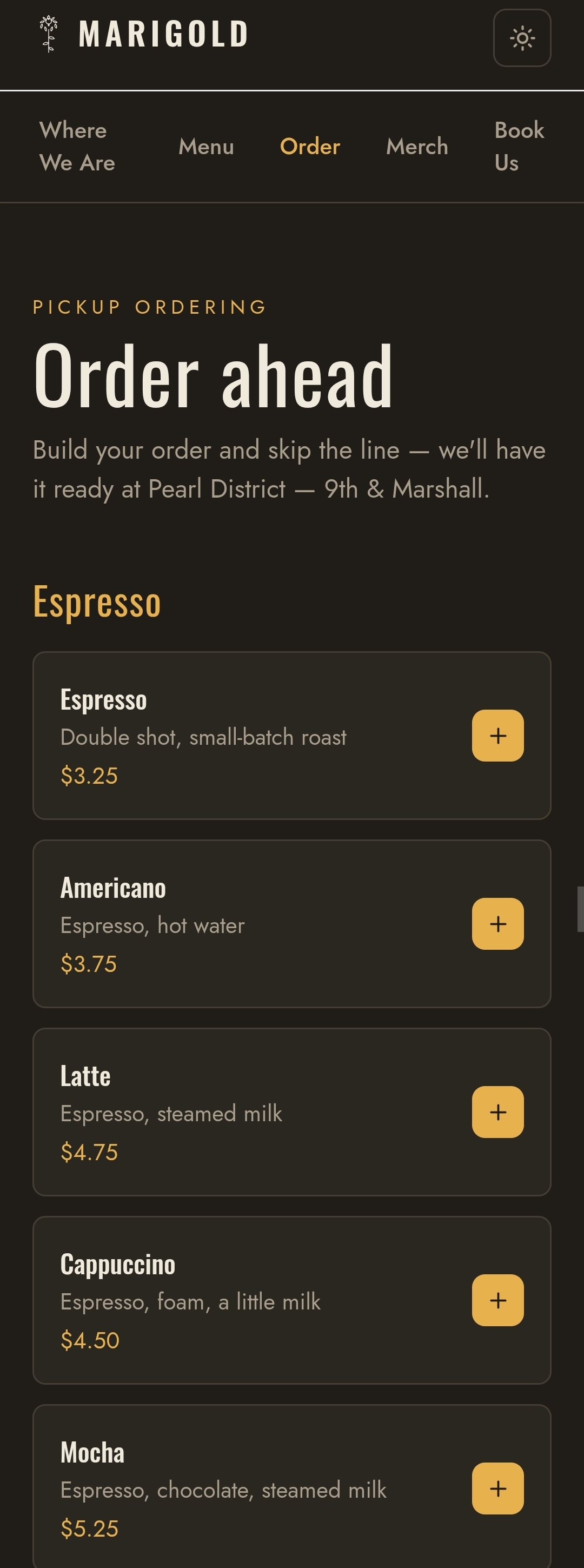 JAVA branded customer order-ahead page with pickup ordering and a live menu