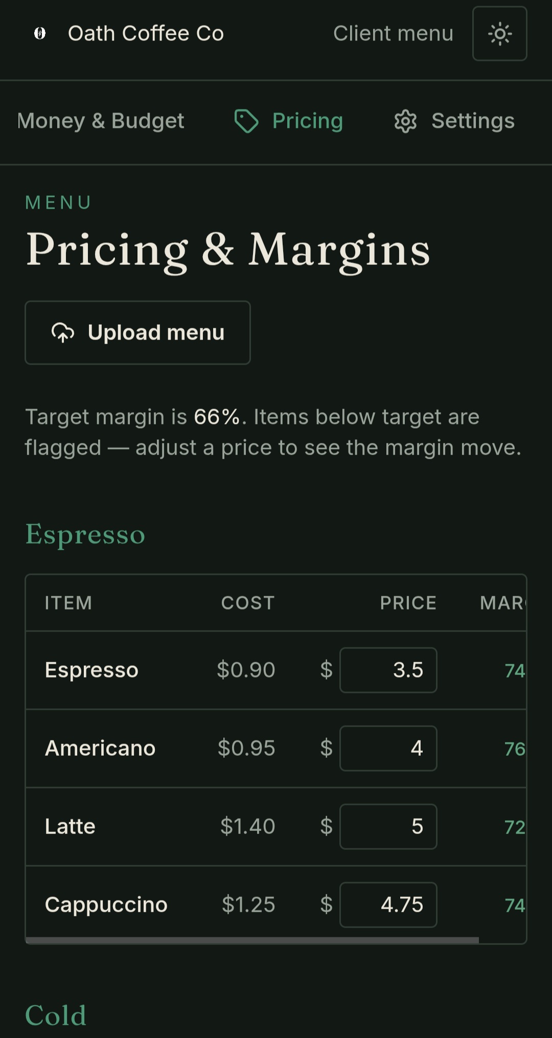 JAVA pricing and margins screen showing cost, price, and margin per menu item against a target margin