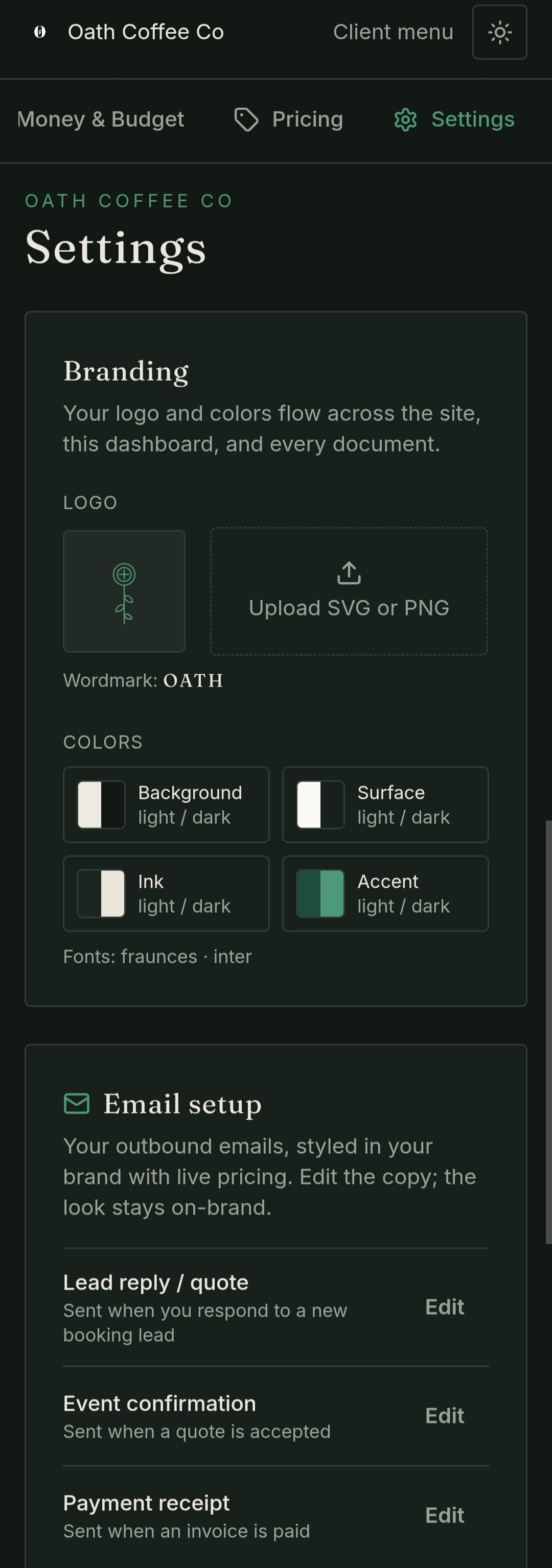 JAVA settings screen for branding, with logo, colors, fonts, and branded outbound emails