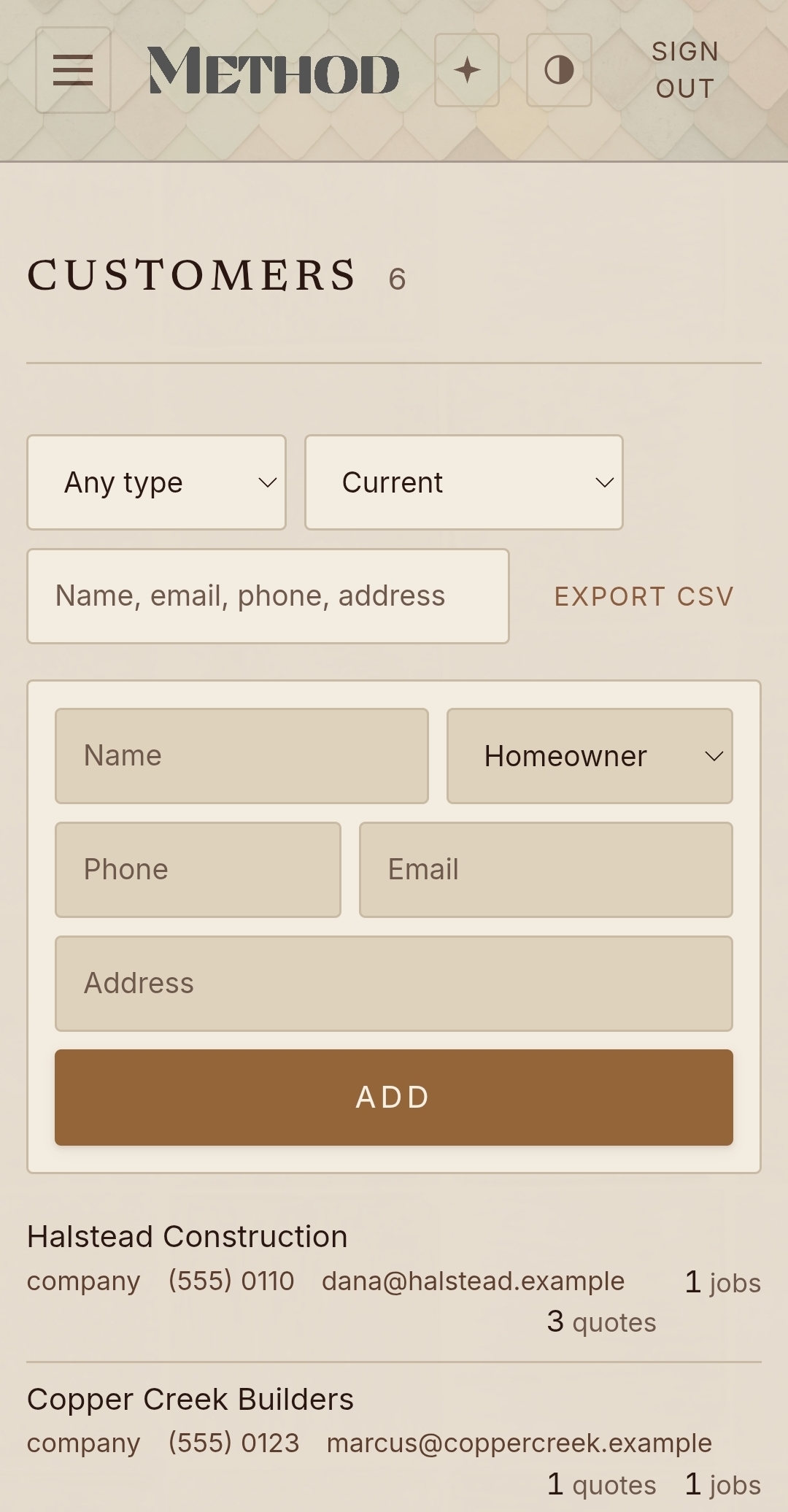 Juniper customers screen showing six customers filterable by type and status, with builder accounts like Halstead Construction and Copper Creek Builders