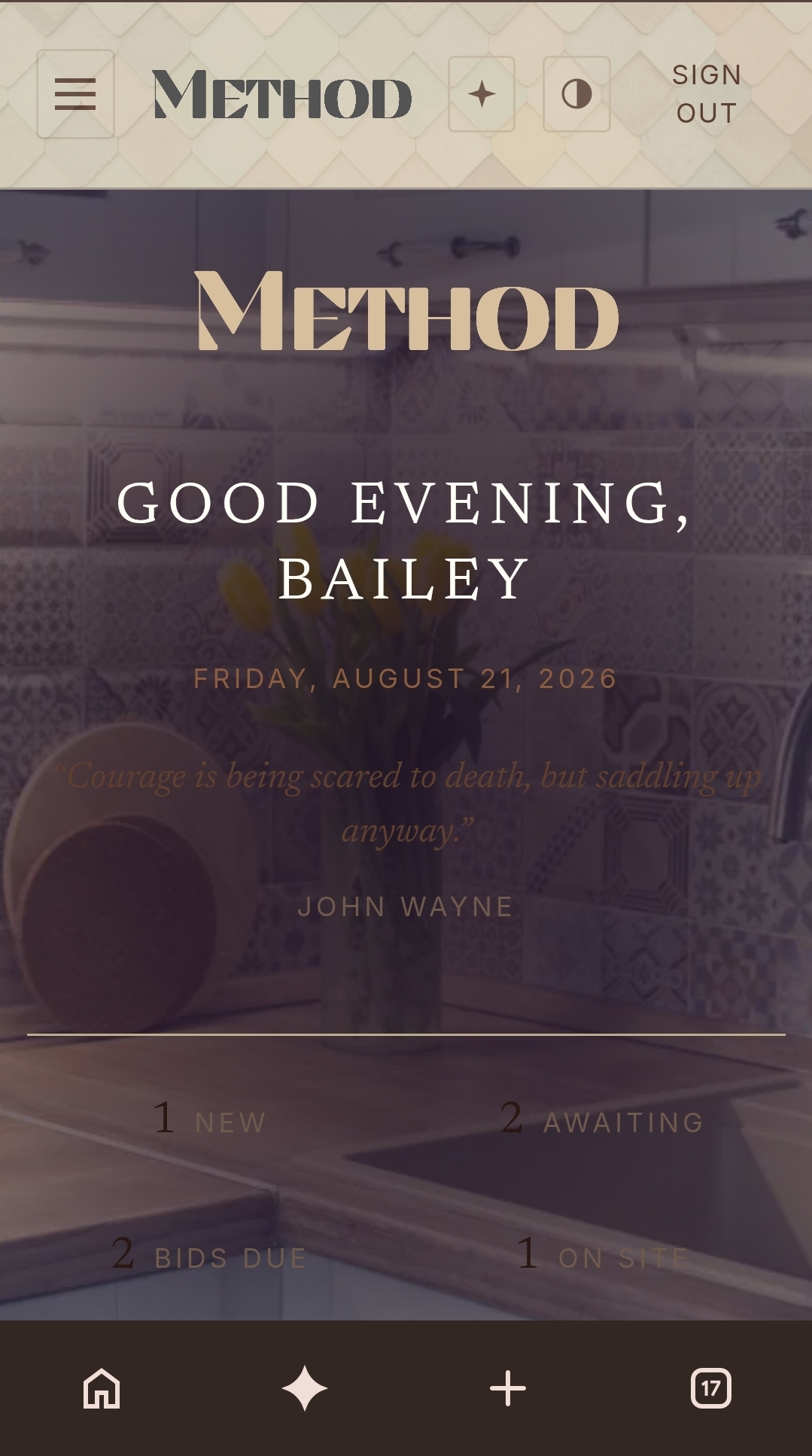 Juniper home screen greeting Bailey on Friday, August 21, over a patterned tile backsplash, with status pills for new, awaiting, bids due, and on site