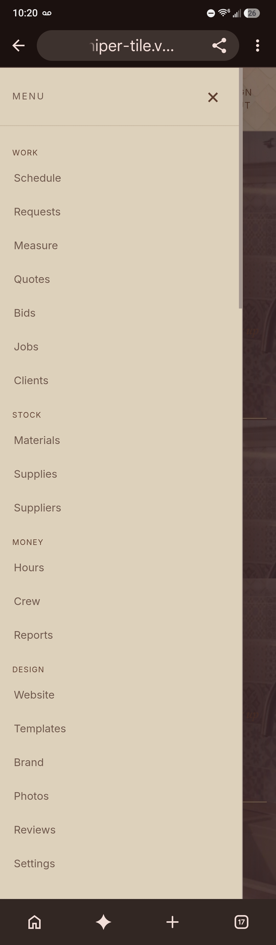 Juniper navigation menu grouped into Work, Stock, Money, and Design, showing every module the shop runs on