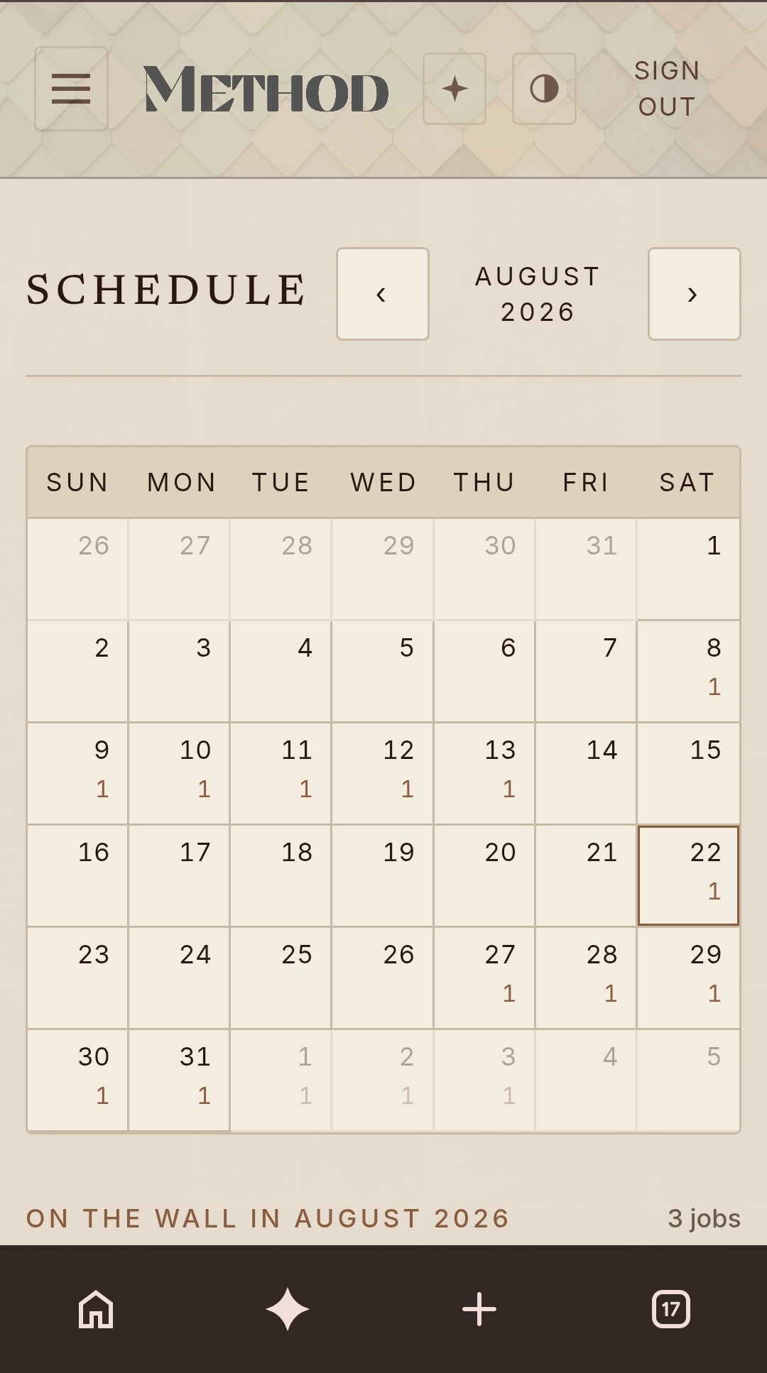 Juniper schedule showing August 2026 calendar with jobs booked across the month and three on the wall