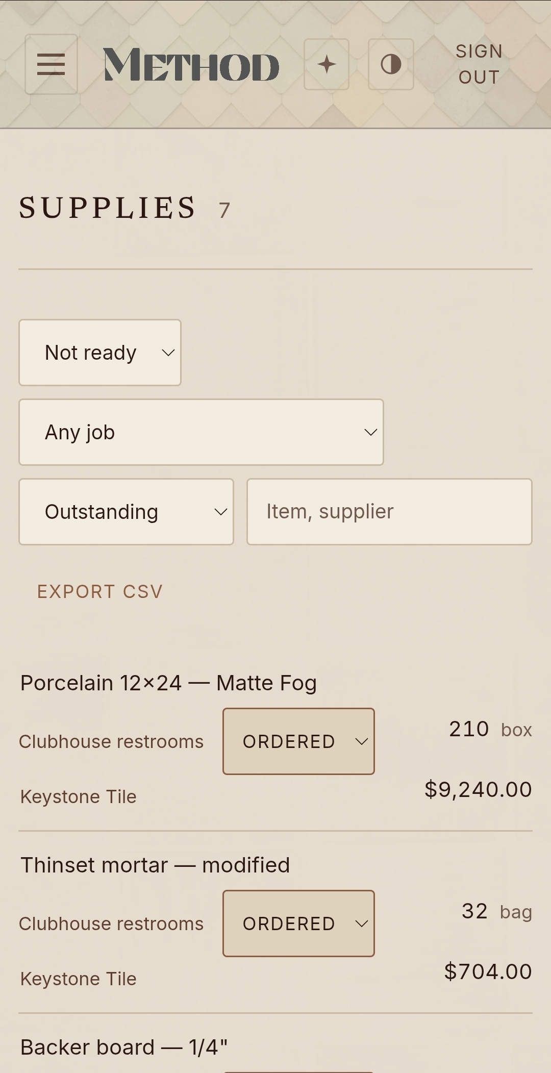Juniper supplies screen showing seven line items including porcelain tile, thinset mortar, and backer board with Ordered status and unit costs