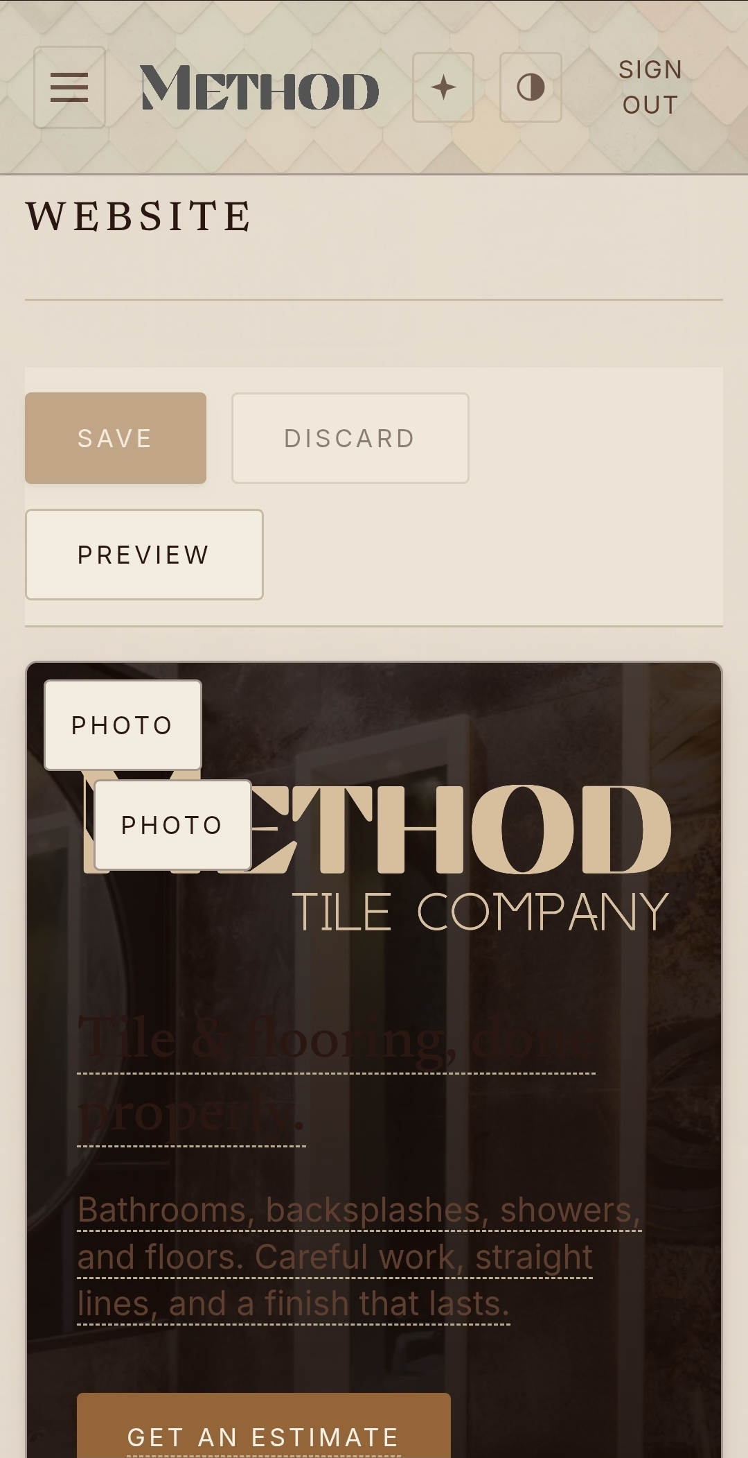 Juniper website editor previewing a Method Tile Company homepage with a Tile and flooring done properly headline and a Get an Estimate call to action, with Save, Discard, and Preview buttons