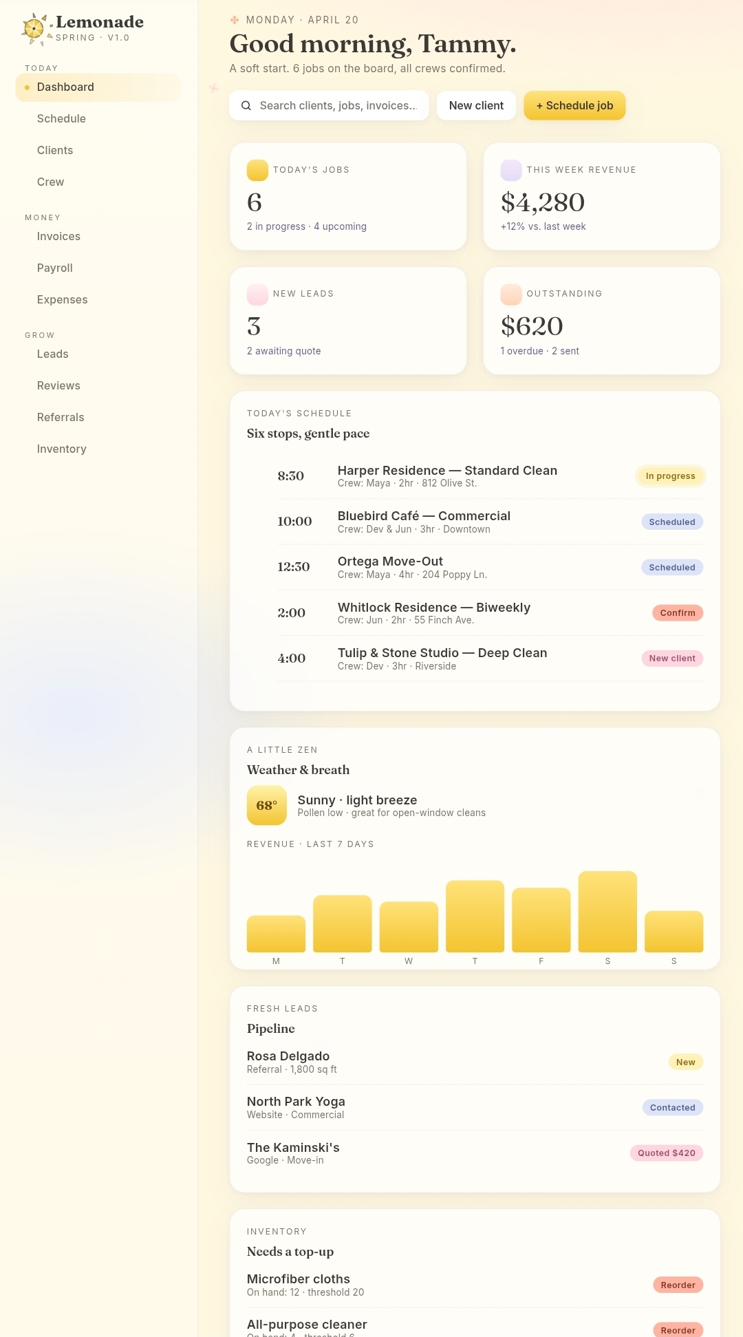 Lemonade admin dashboard for Spring cleaning company showing today's jobs, weekly revenue, schedule, leads pipeline, and inventory