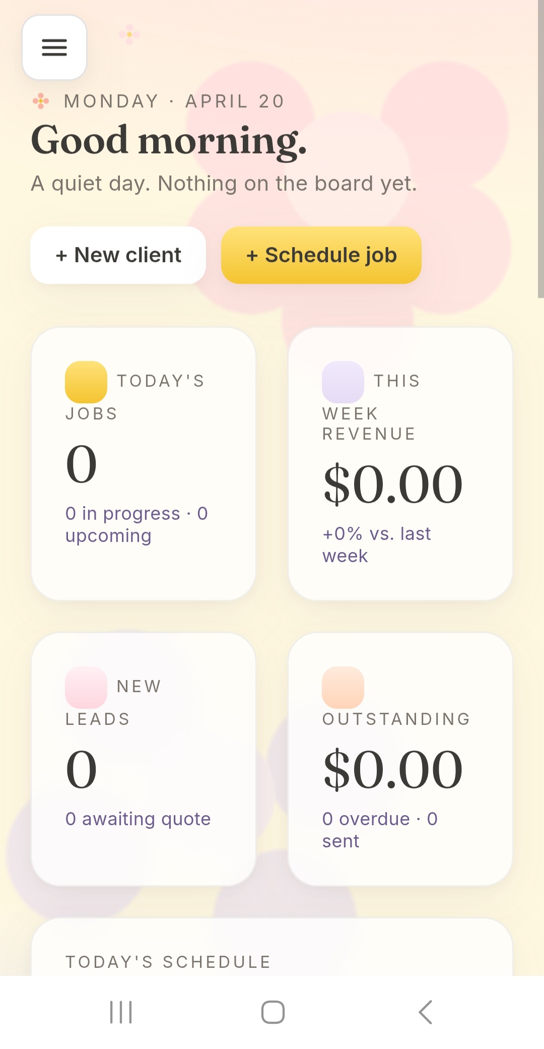 Lemonade mobile dashboard on a phone with Today's Jobs, Week Revenue, New Leads, and Outstanding cards