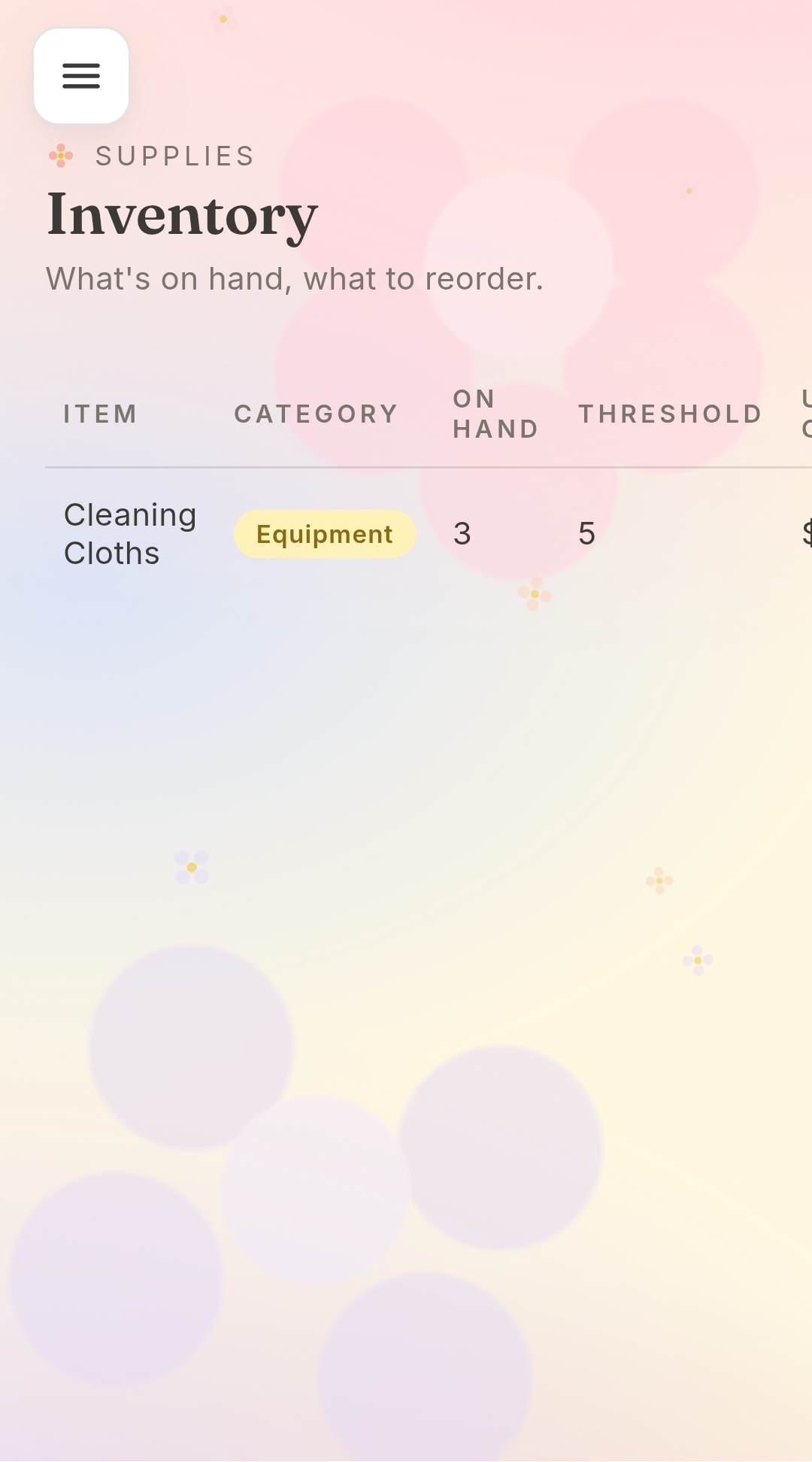Lemonade mobile inventory view showing on-hand count and reorder threshold for cleaning supplies