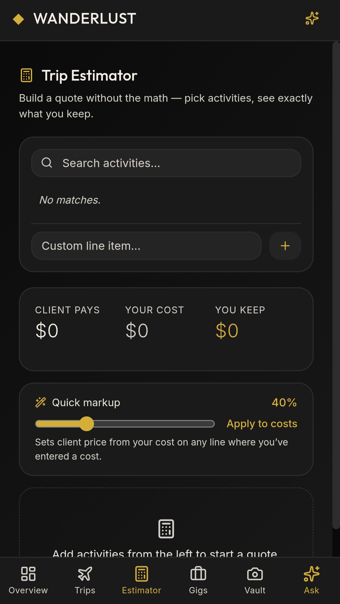 LIGHTHOUSE Trip Estimator, search activities, with client pays, your cost, and you keep totals and a quick markup slider