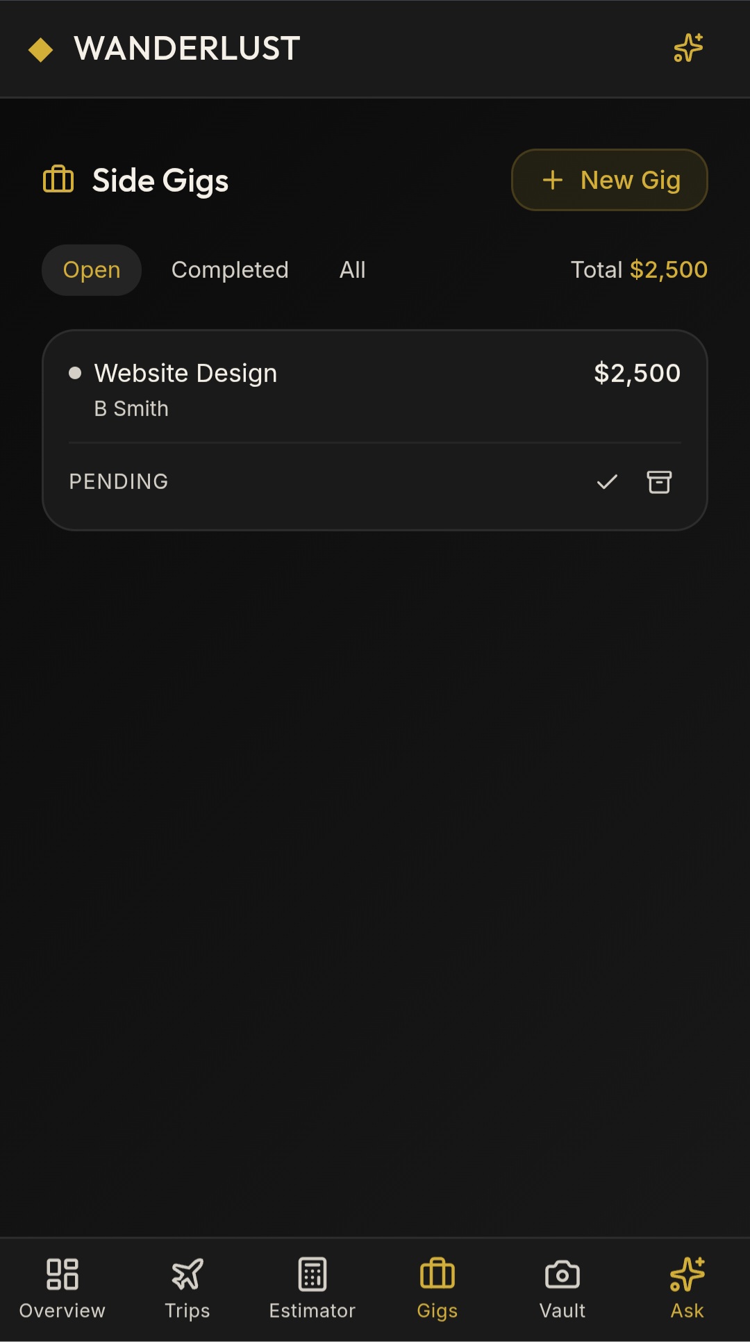 LIGHTHOUSE Side Gigs with open, completed, and all tabs, a website-design gig, and a running total