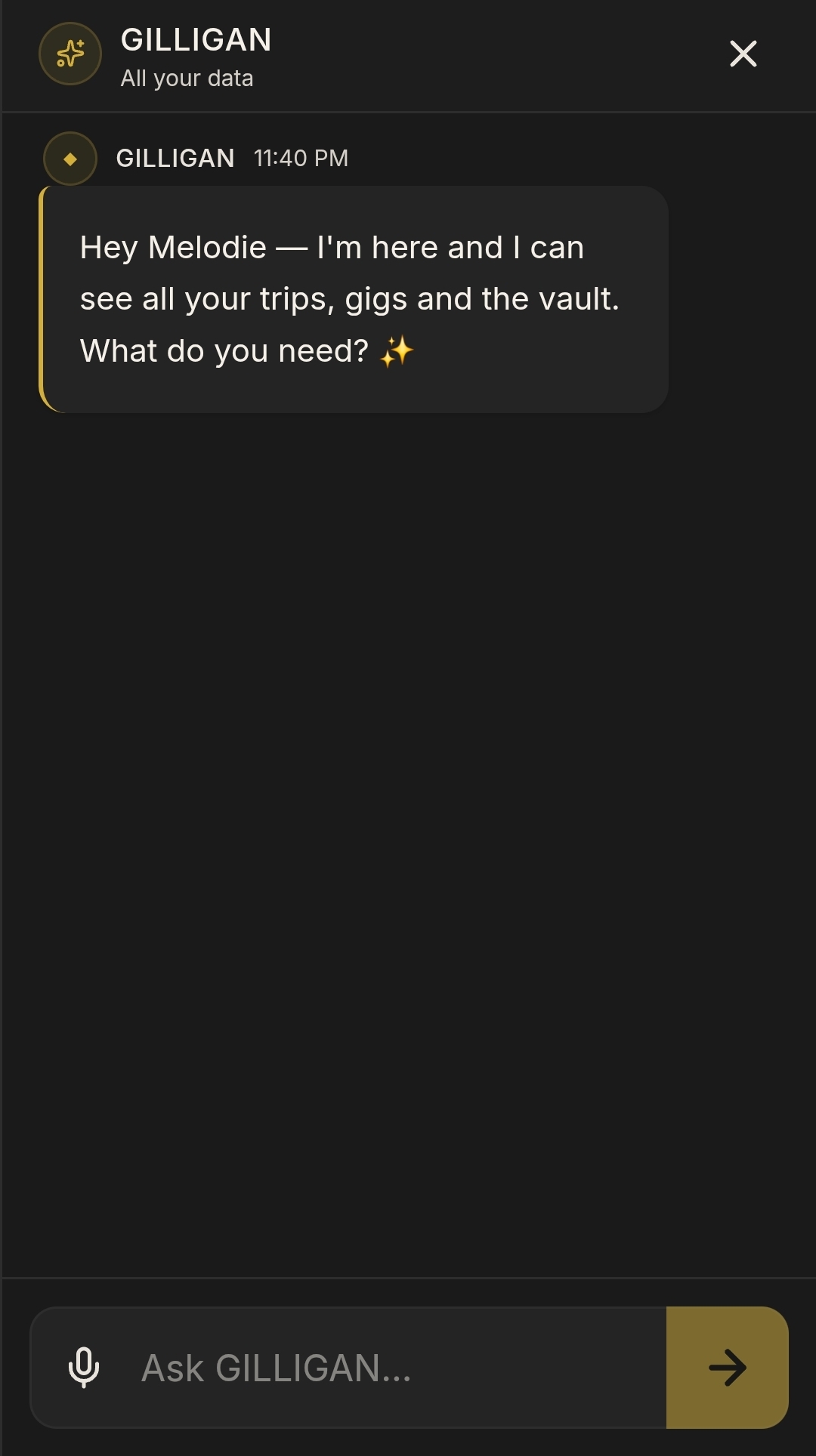 LIGHTHOUSE Gilligan assistant chat offering help across trips, gigs, and the vault