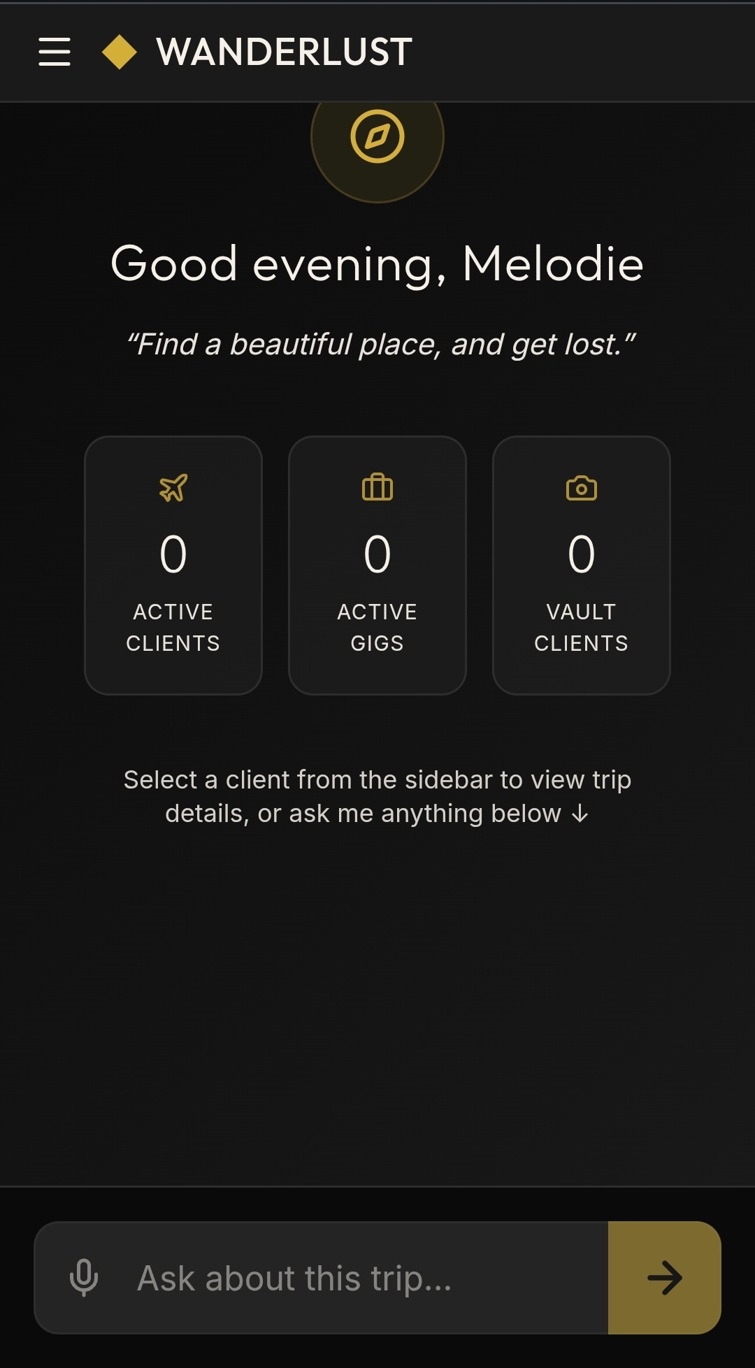 Wanderlust travel operations dashboard greeting Melodie with active clients, gigs, and vault clients counters