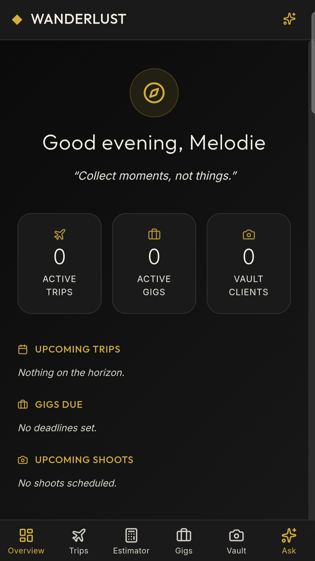 LIGHTHOUSE overview dashboard, a good-evening greeting with active trips, active gigs, and vault clients, plus upcoming trips, gigs due, and shoots