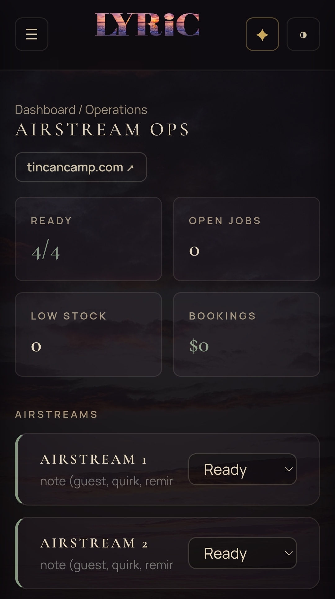 LYRIC Airstream Ops: Ready 4 of 4, Open Jobs, Low Stock, and Bookings, with per-unit readiness for four Airstreams