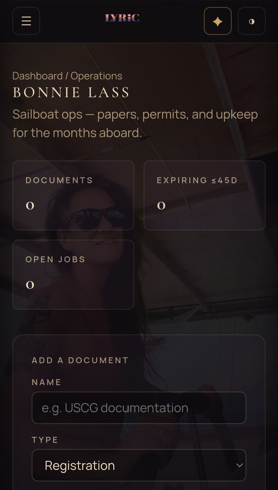 LYRIC Bonnie Lass sailboat ops: Documents, Expiring within 45 days, and Open Jobs, with an Add a Document form for registrations and permits