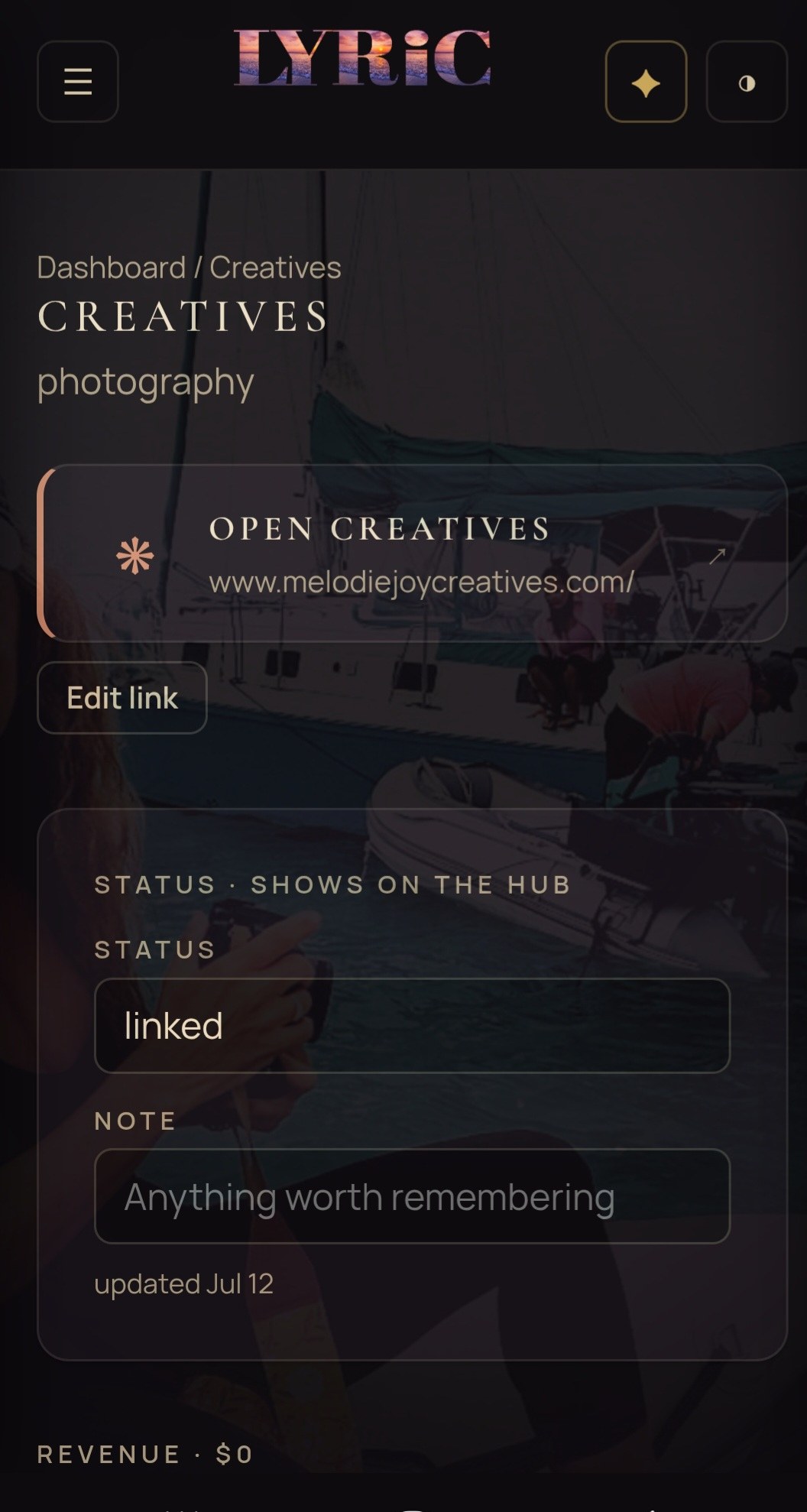 LYRIC Creatives, a photography venture with a linked site (melodiejoycreatives.com), a status of linked, a note field, and revenue