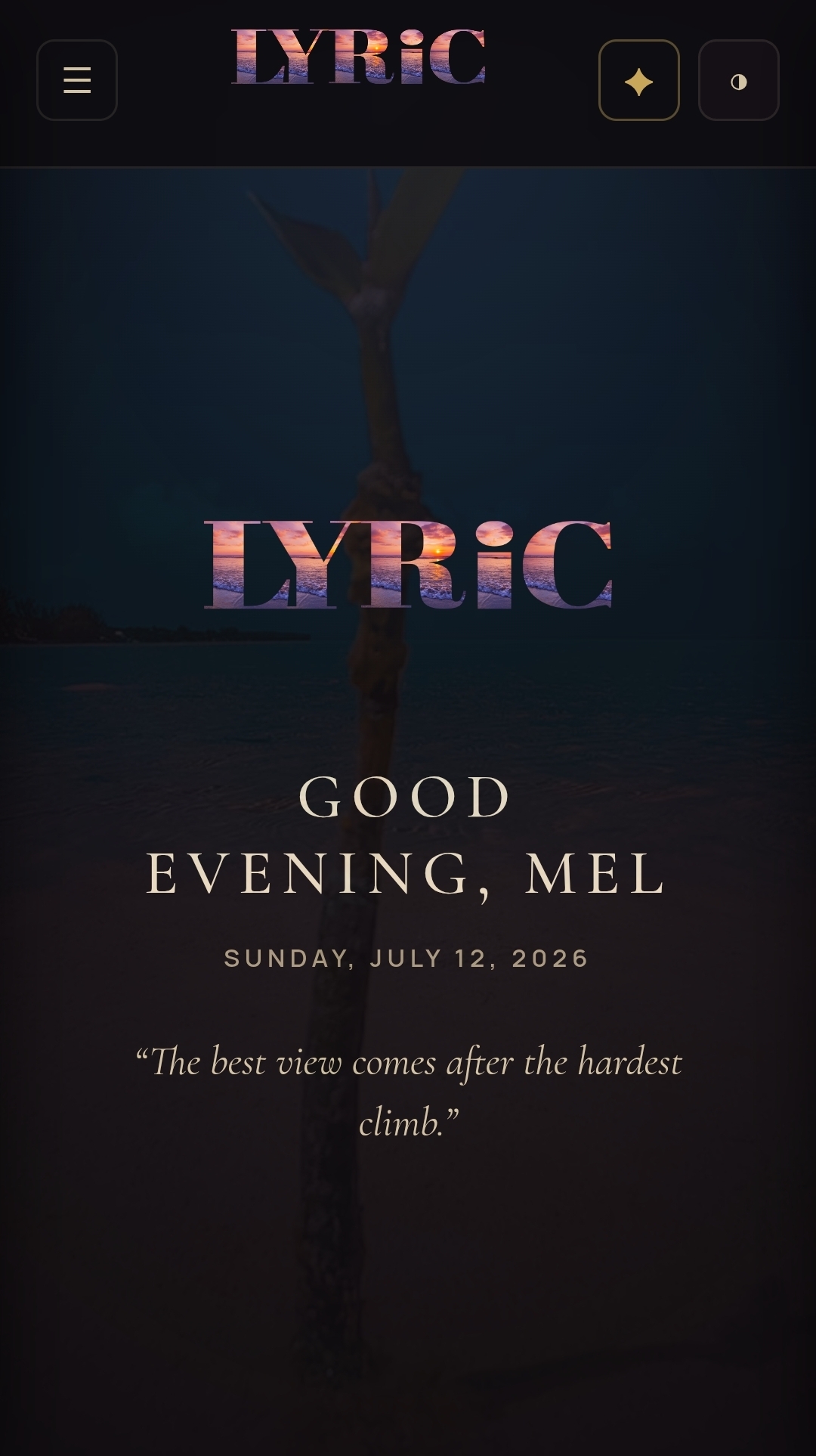 LYRIC home greeting: Good evening, Mel, Sunday July 12 2026, with the sunset LYRIC wordmark