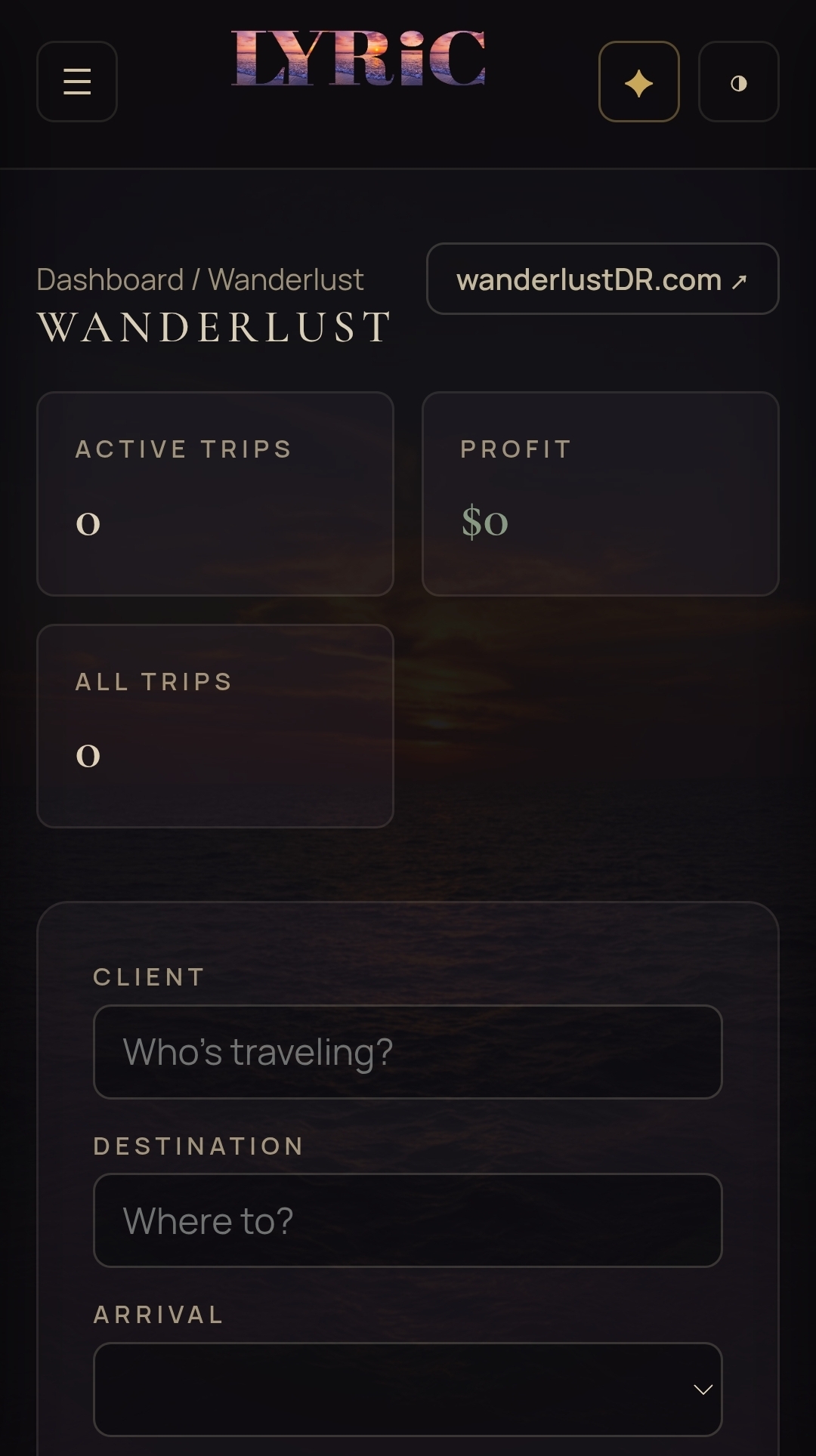 LYRIC Wanderlust travel dashboard: Active Trips, Profit, and All Trips, with a public booking-site link and a new-trip form for client, destination, and dates