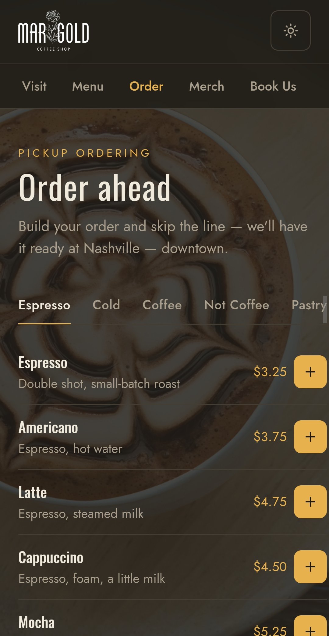Marigold Coffee Shop customer order-ahead page on JAVA, with pickup ordering and a tabbed menu