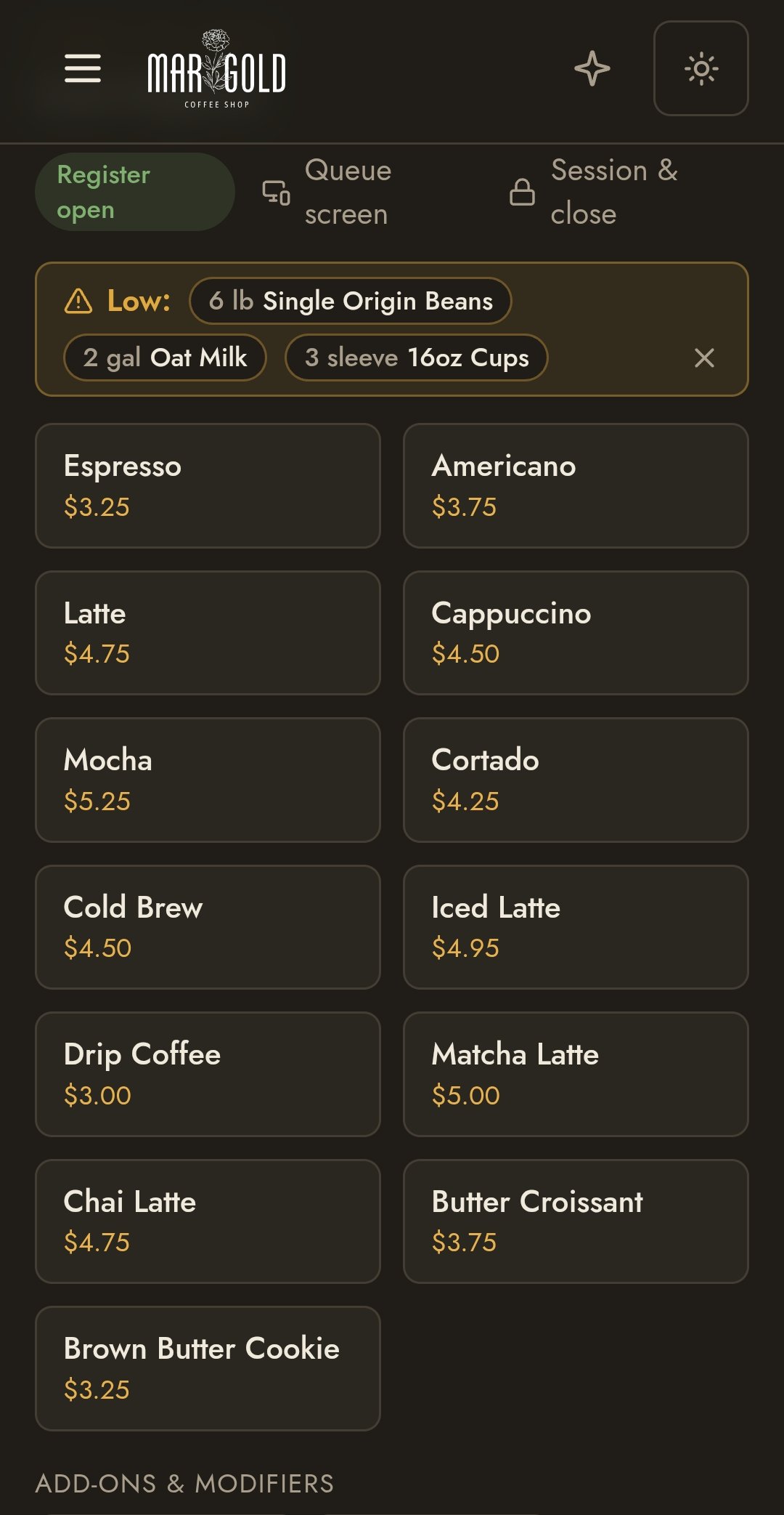 JAVA cash register for Marigold Coffee Shop with low-stock alerts and the item grid