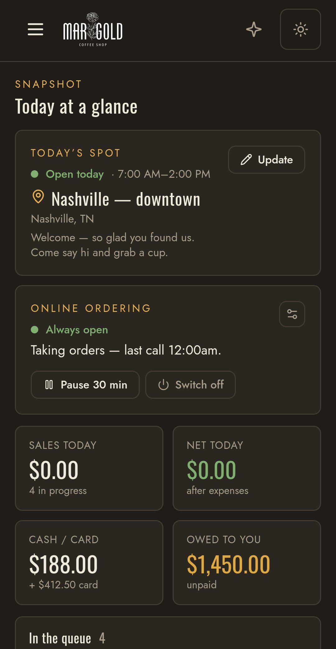 JAVA today-at-a-glance screen for the demo coffee truck Marigold Coffee Shop