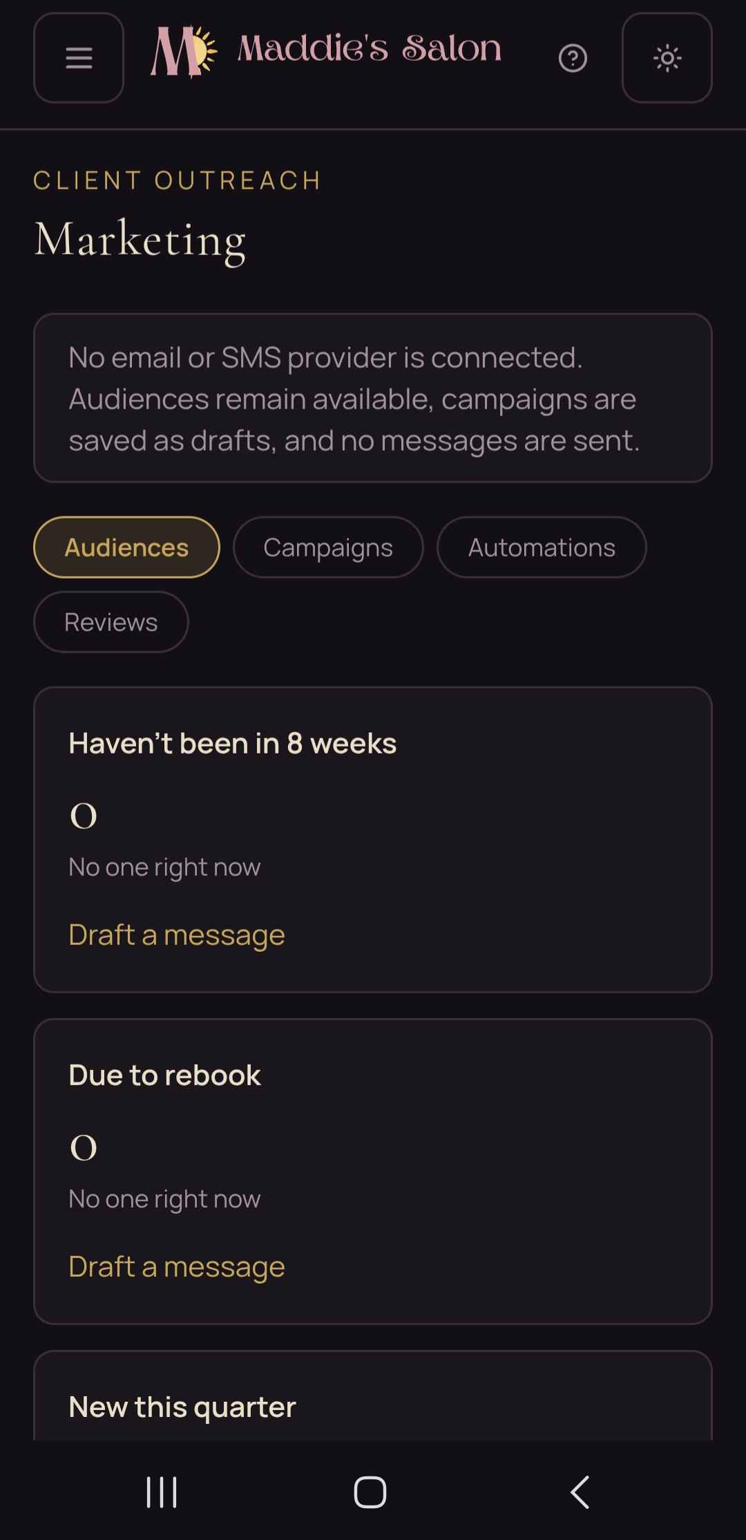 Medusa marketing screen with a provider-not-connected notice, tabs for audiences, campaigns, automations, and reviews, and audience cards for haven't been in eight weeks and due to rebook