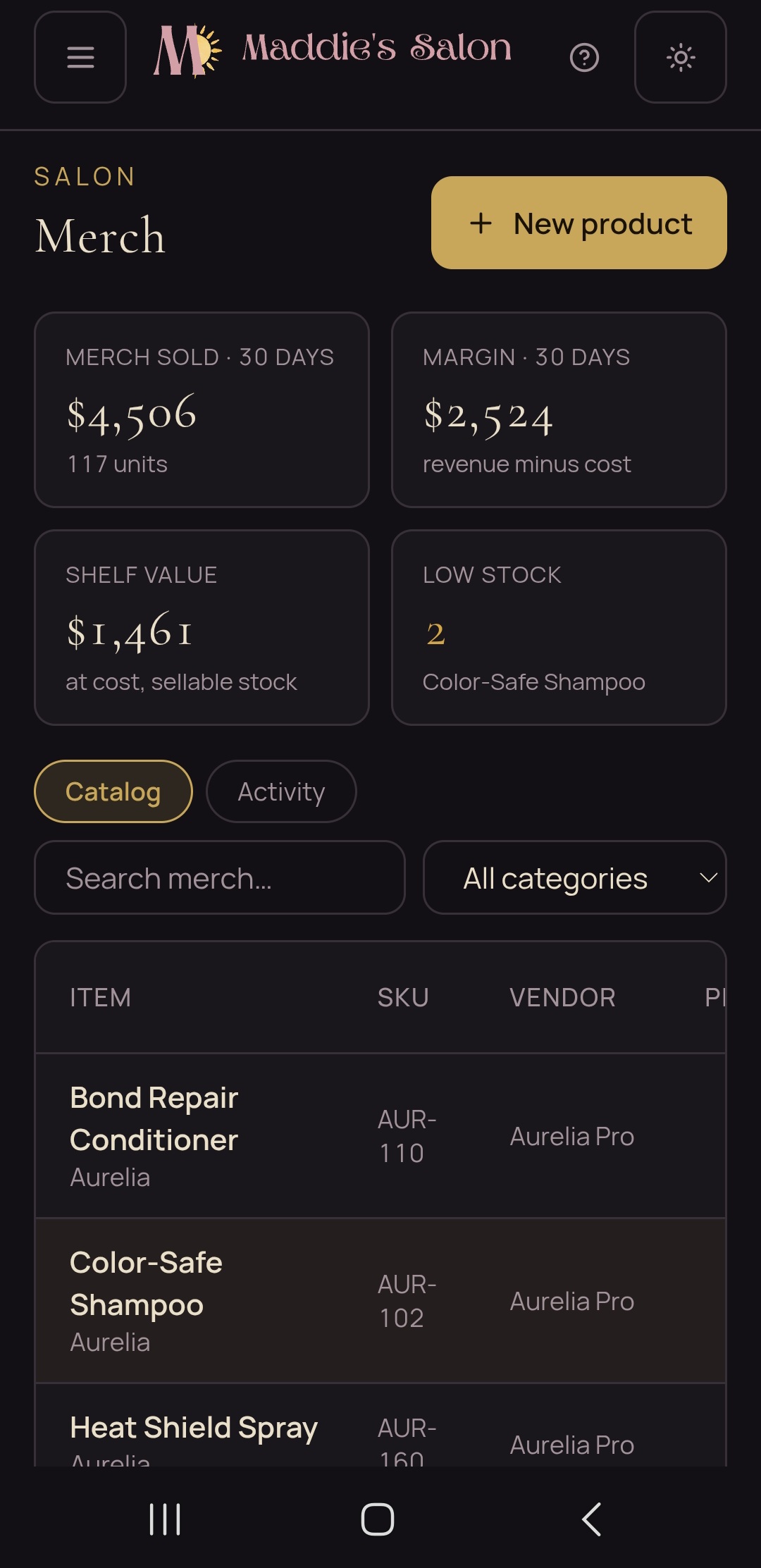 Medusa merch screen with merch sold in the last 30 days, margin, shelf value, low-stock alerts, and a searchable catalog of retail products by vendor