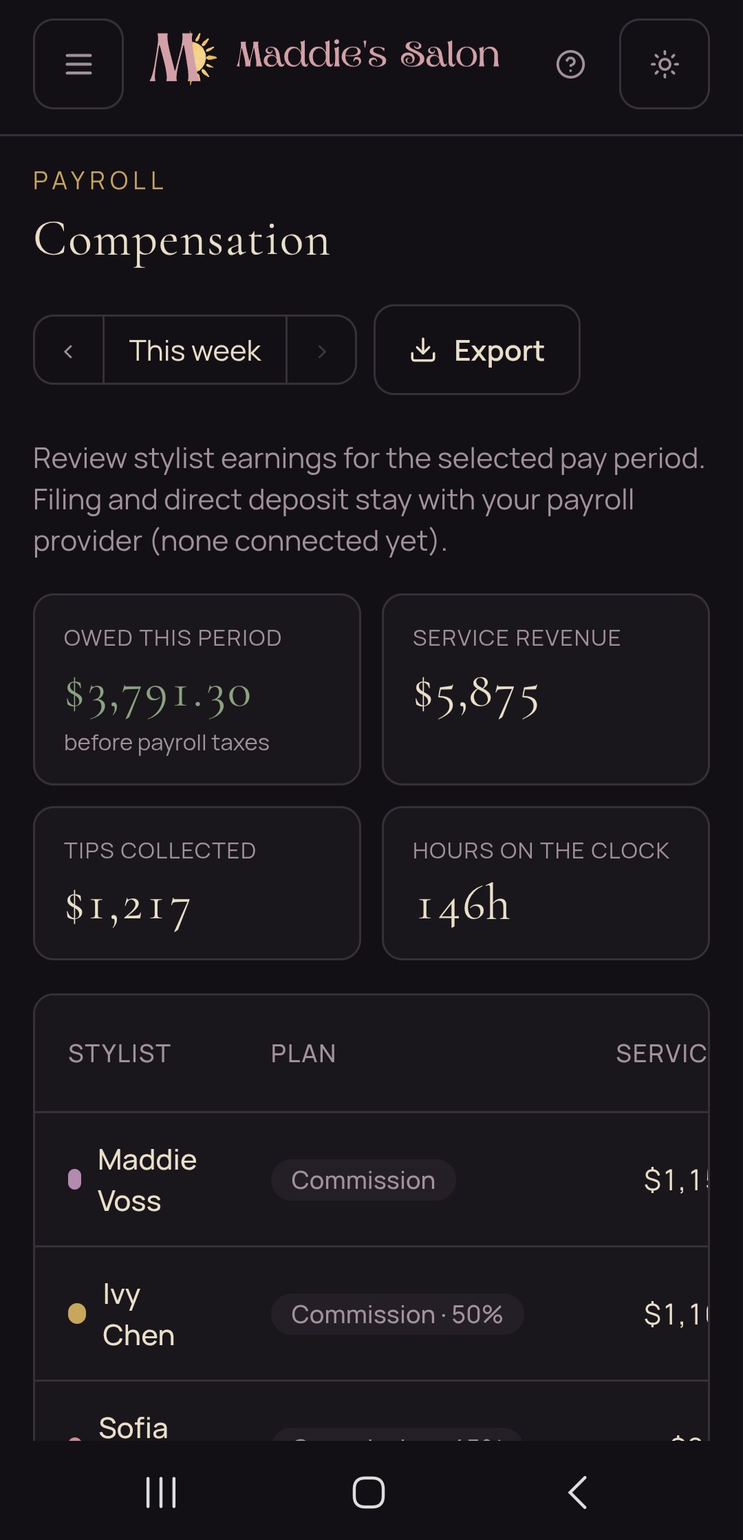 Medusa payroll compensation screen with owed this period, service revenue, tips collected, hours on the clock, and a per-stylist commission table with plan and service totals