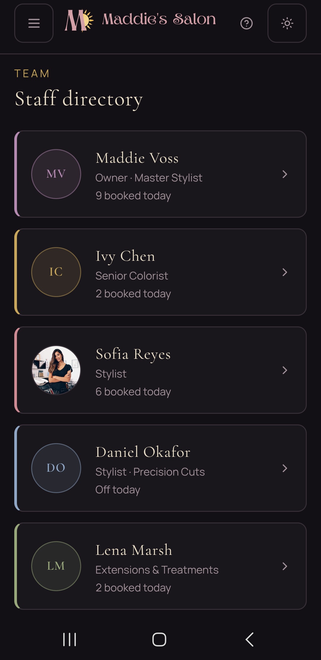 Medusa staff directory listing five stylists at a demo salon, each with a role, an avatar, and how many appointments are booked today
