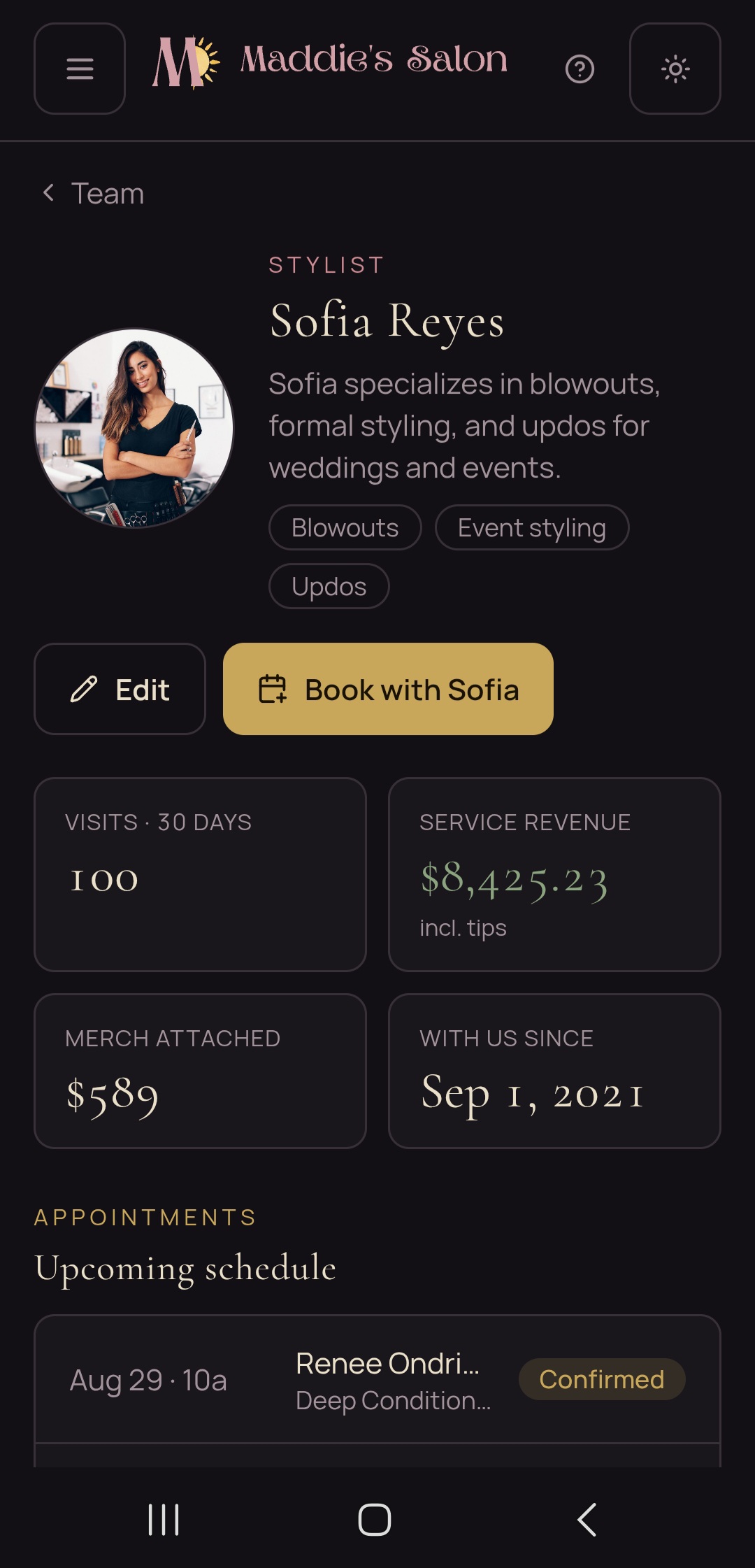 A stylist profile page for Sofia Reyes showing her specialties, visits in the last 30 days, service revenue including tips, merch attached, tenure, and upcoming schedule