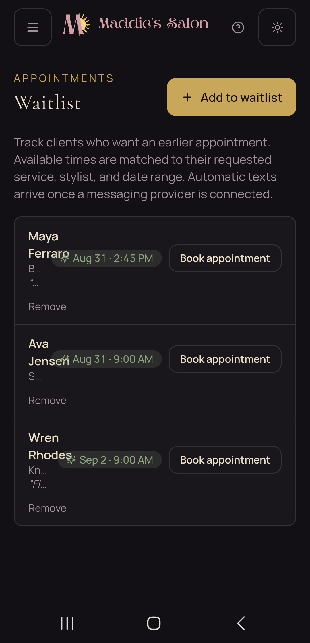 Medusa waitlist screen tracking clients who want an earlier appointment, each with a matched date and time and a book-appointment button
