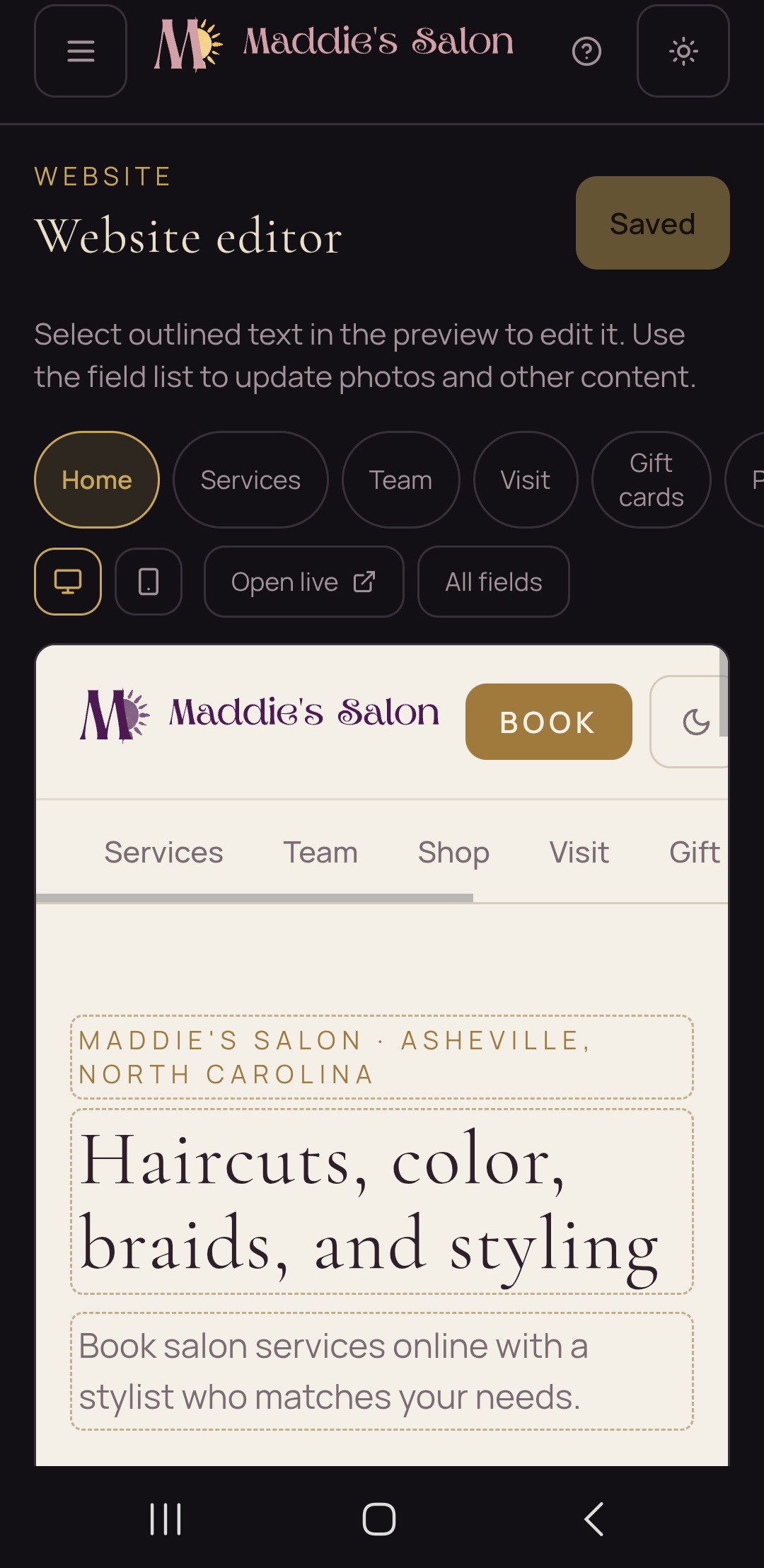 Medusa website editor showing a saved status, tabs for home, services, team, visit, and gift cards, and a live preview of the salon's public site with editable outlined fields