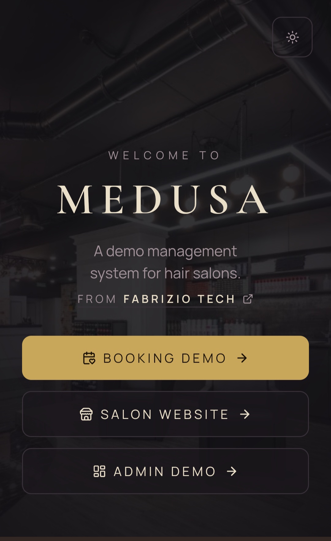 Medusa welcome screen for a demo salon called Maddie's Salon, with three doors into the demo: Booking Demo, Salon Website, and Admin Demo