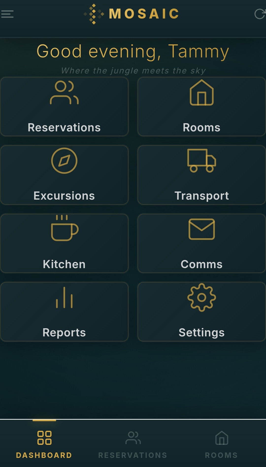 MOSAIC owner phone showing the eight-module grid for resort operations