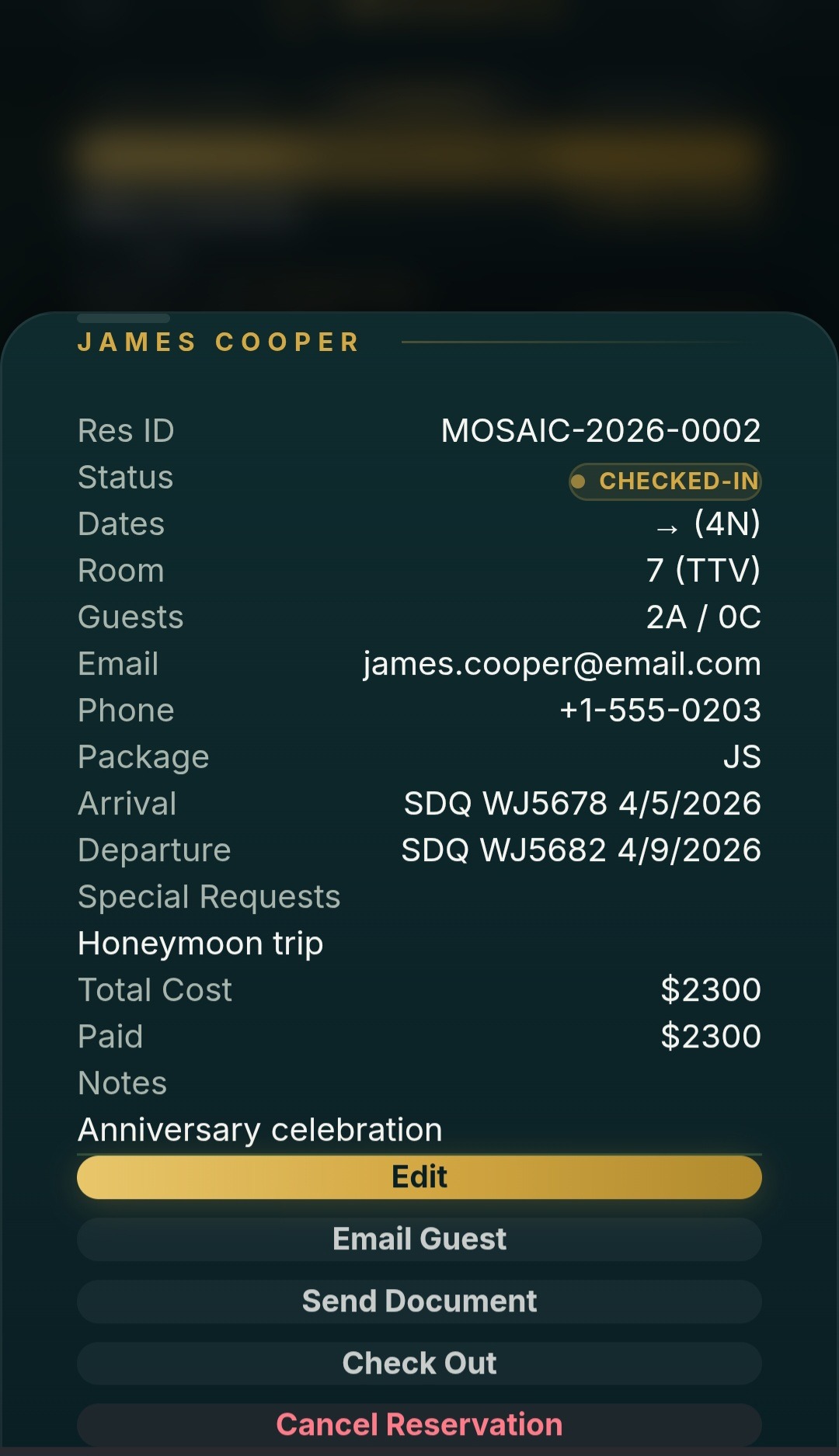 MOSAIC single reservation detail modal showing res ID, status, dates, room, guests, contact info, package, arrival and departure flights, special requests, total cost, and action buttons (Edit, Email Guest, Send Document, Check Out, Cancel Reservation)