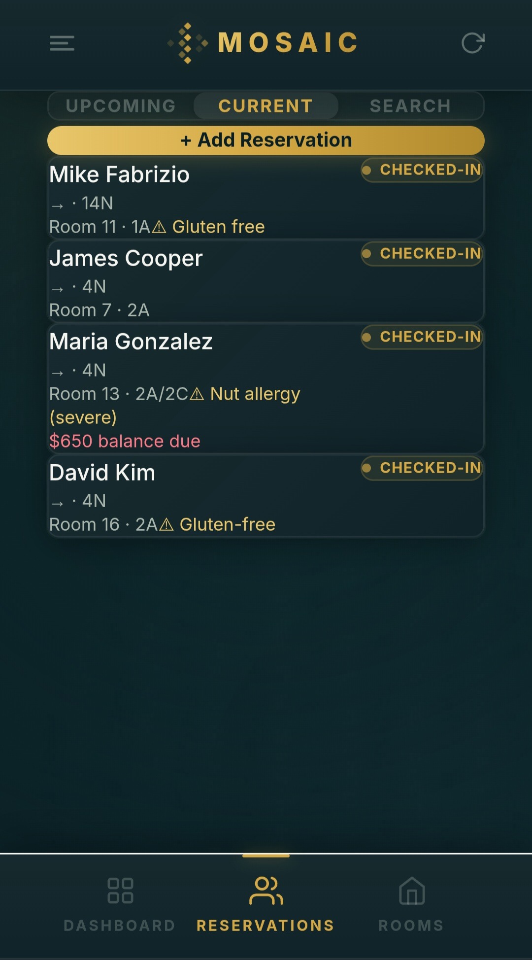 MOSAIC reservations view with Upcoming, Current, and Search tabs — current check-ins listed with room number, length of stay, dietary alerts, and balance due