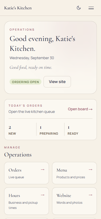 OrderUp operations home dashboard for Katie's Kitchen