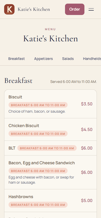 OrderUp customer menu for Katie's Kitchen