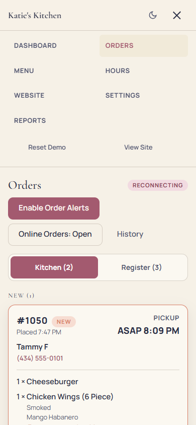 OrderUp operations modules for Katie's Kitchen