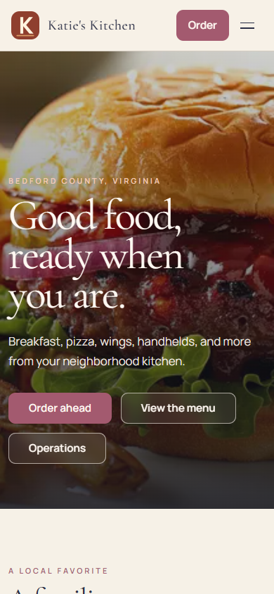 ORDERUP customer website for Katie's Kitchen with online ordering and menu access