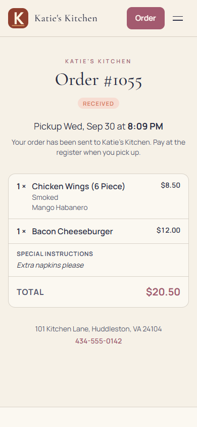 OrderUp customer order confirmation for Katie's Kitchen