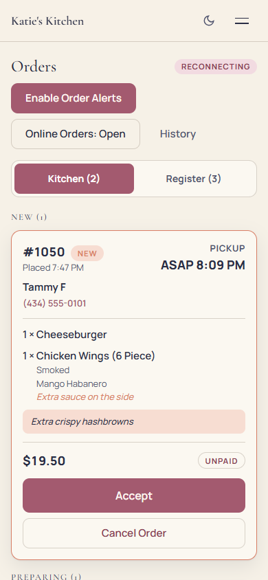 OrderUp live order board for Katie's Kitchen