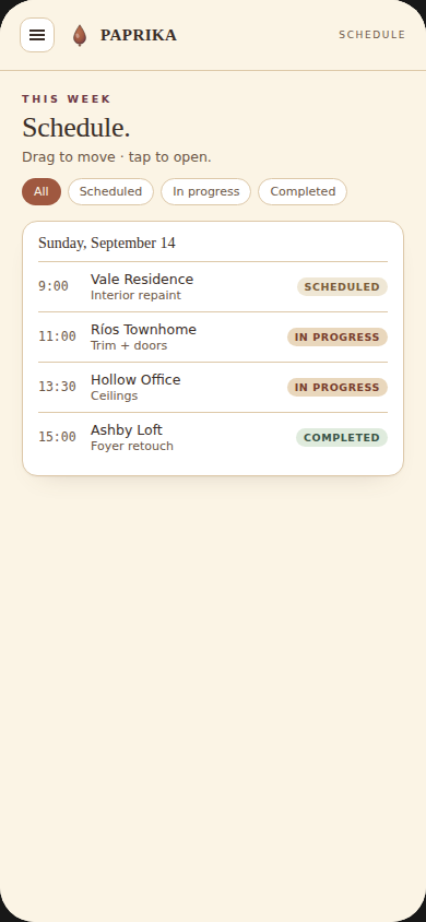Paprika schedule view showing upcoming jobs, crew assignments, services, and status badges
