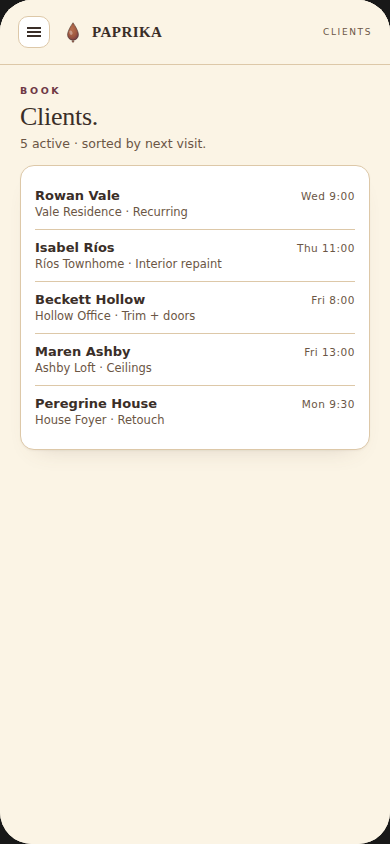 Paprika mobile client list sorted by next visit with service and cadence