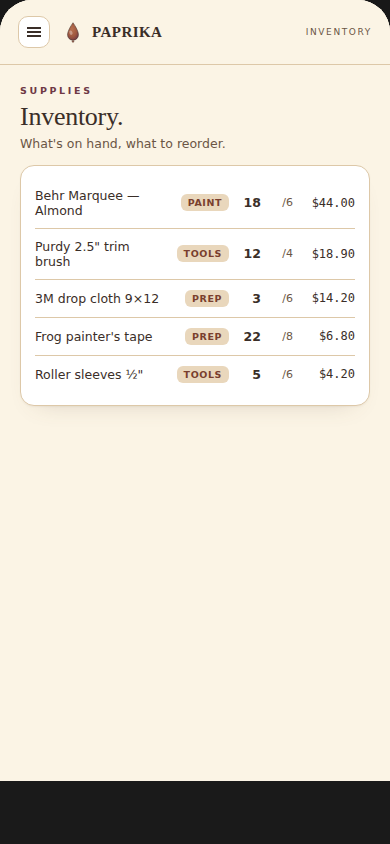 Paprika mobile supplies inventory with categories, on-hand counts, and unit cost