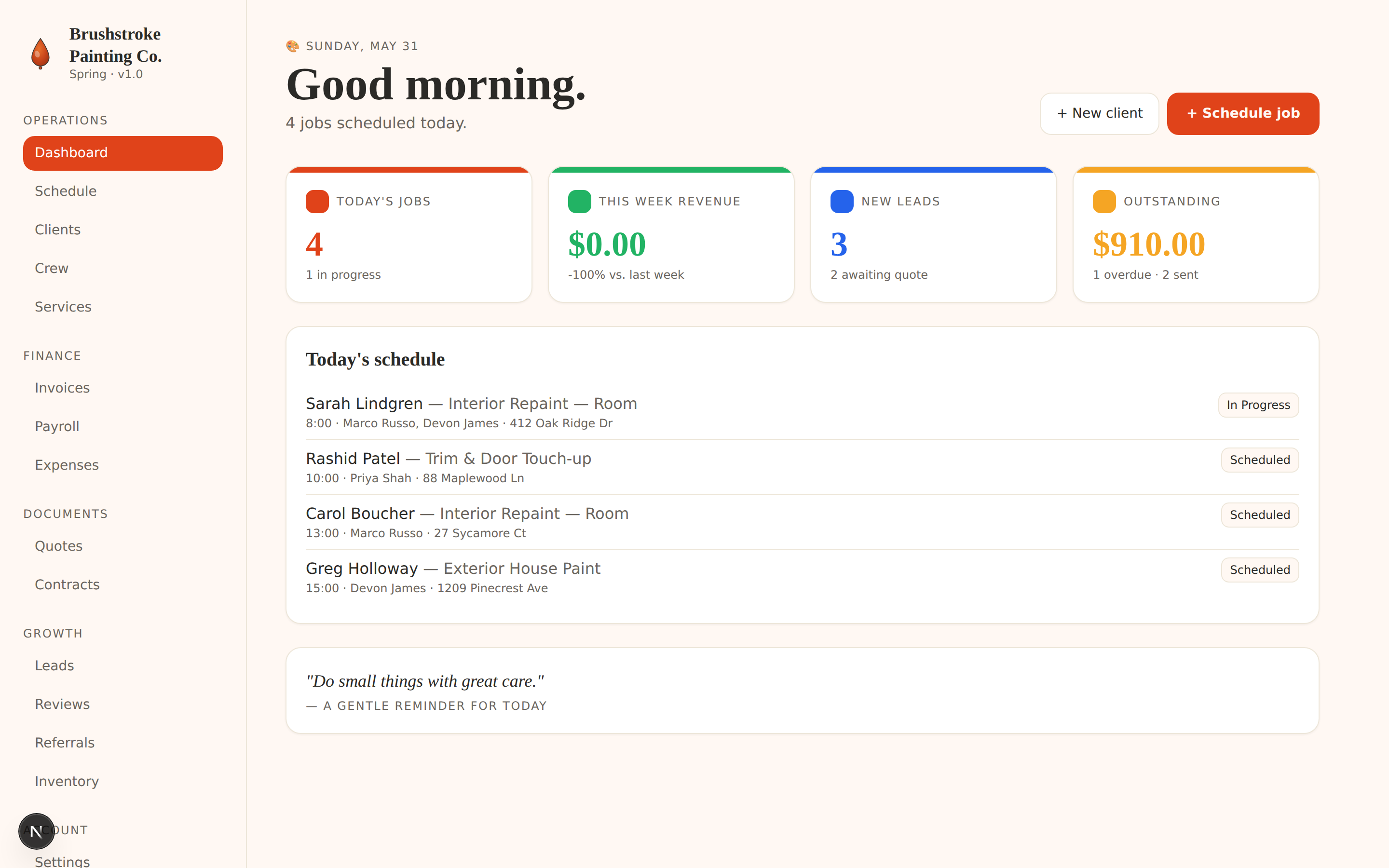 Paprika dashboard for Brushstroke Painting Co. showing today's jobs, weekly revenue, new leads, outstanding receivables, and today's schedule
