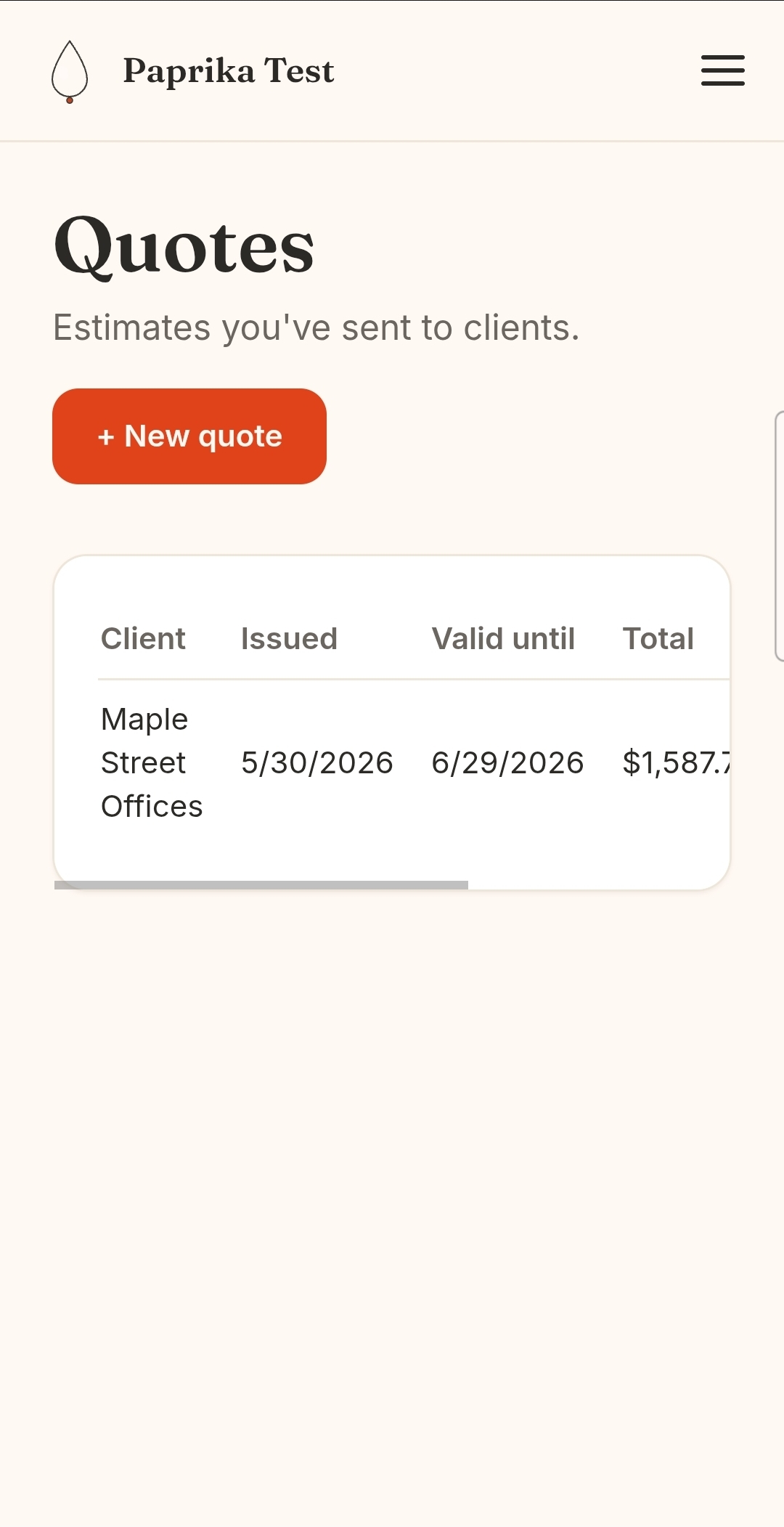 Paprika mobile quotes screen listing estimates sent to clients with issue date, valid-until date, and totals