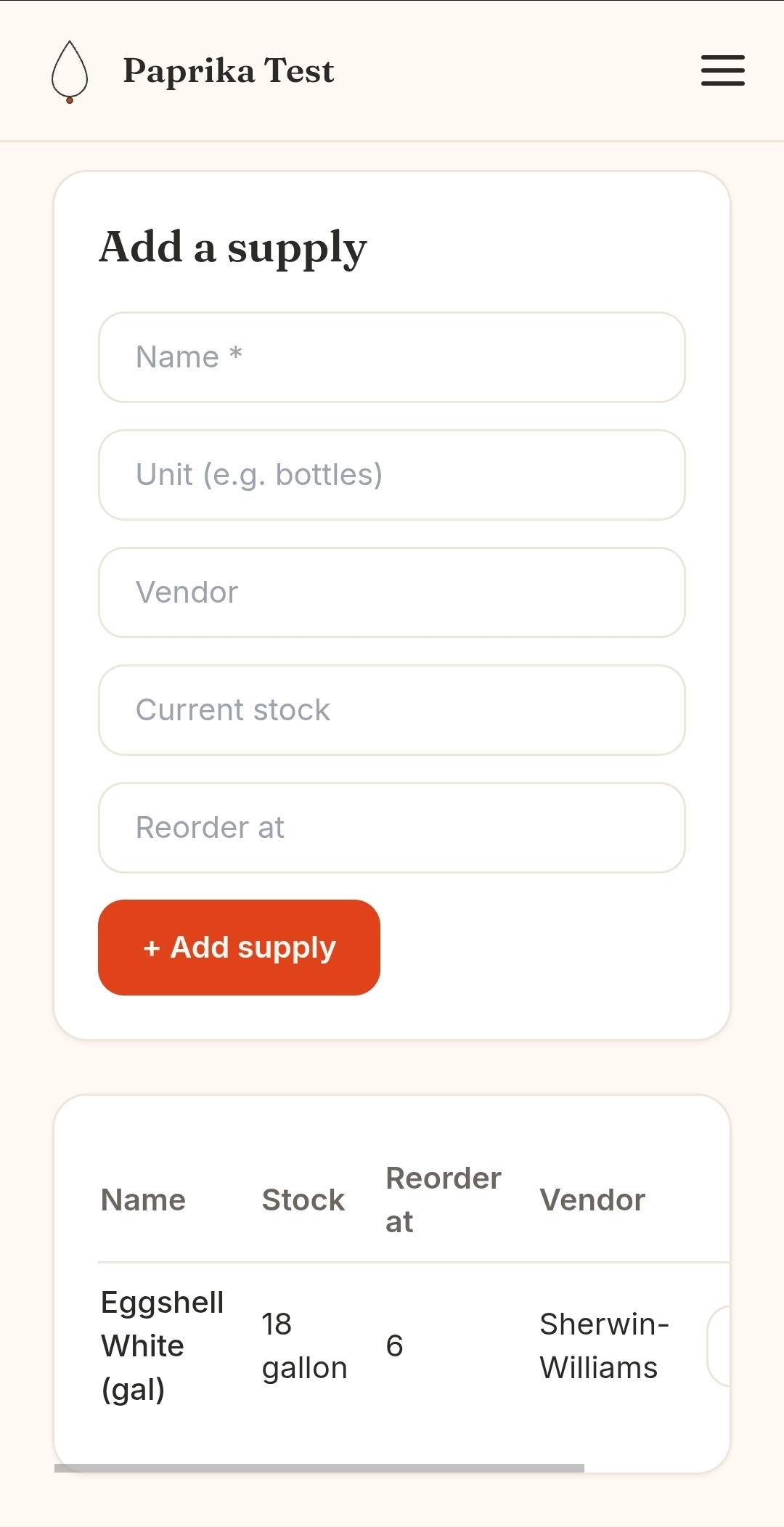 Paprika mobile supplies screen with an add-a-supply form and an inventory list showing stock levels, reorder points, and vendors