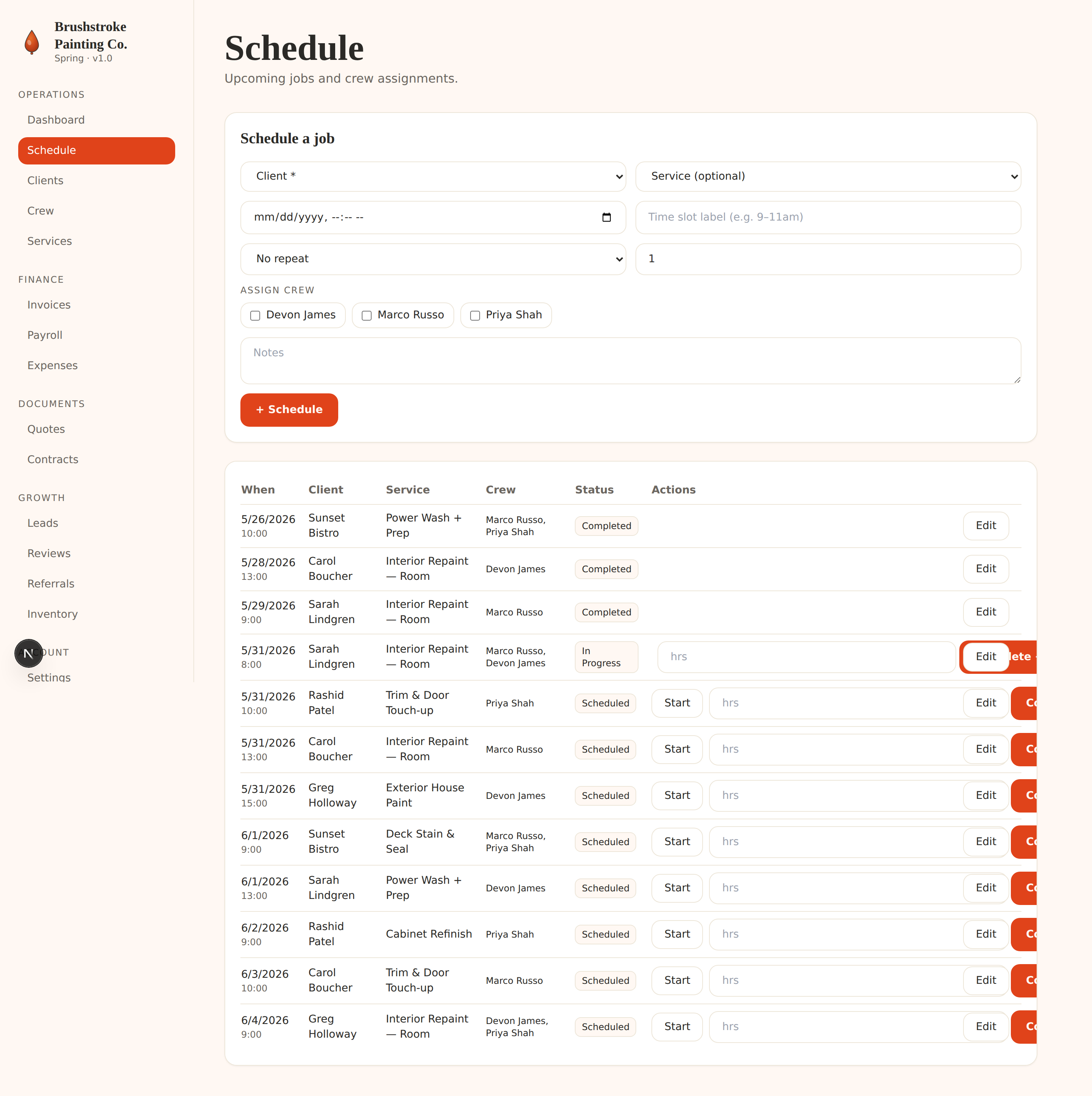 Paprika schedule view for Brushstroke Painting Co. showing upcoming jobs, crew assignments, services like power wash, interior repaint, deck stain, and status badges
